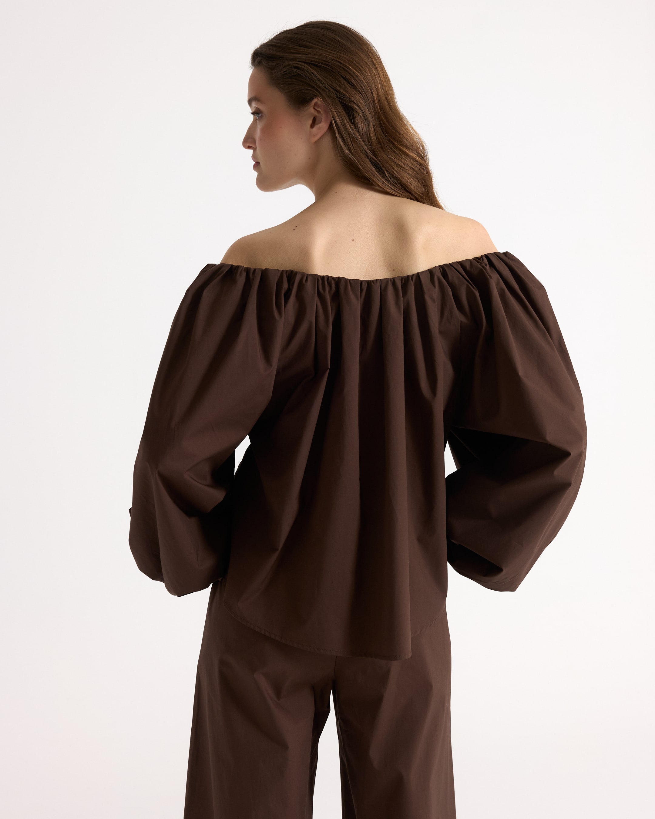 off-the-shoulder, brown, puff-sleeve, top, bodysuit?