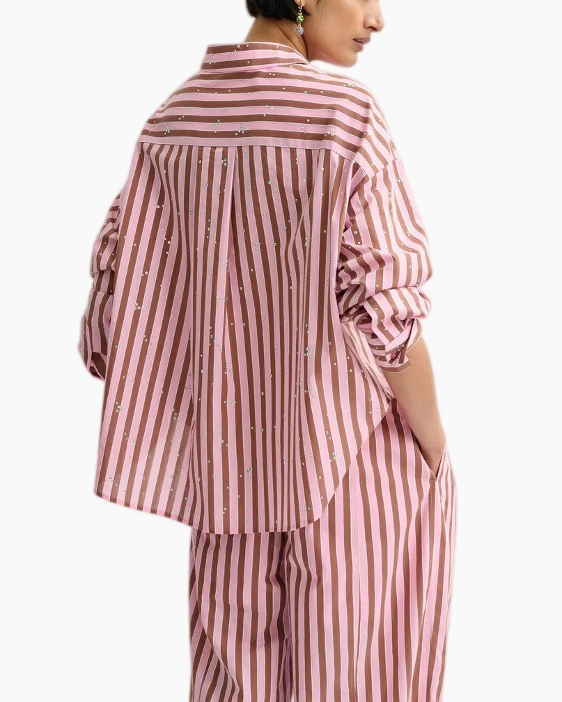 striped shirt, pink shirt, long sleeve, button front, casual set