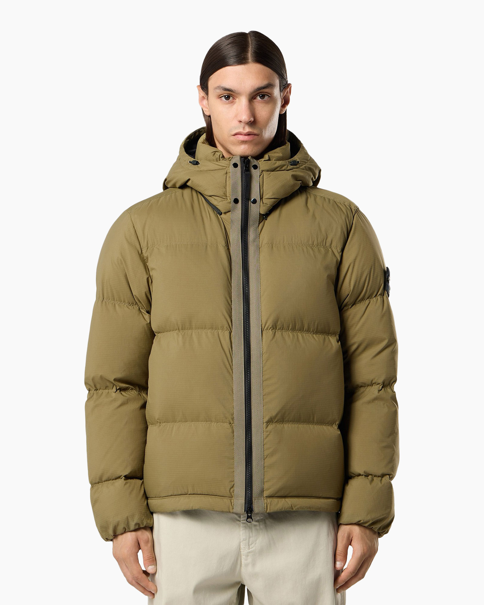 puffer jacket, down jacket, hooded, olive, zip front