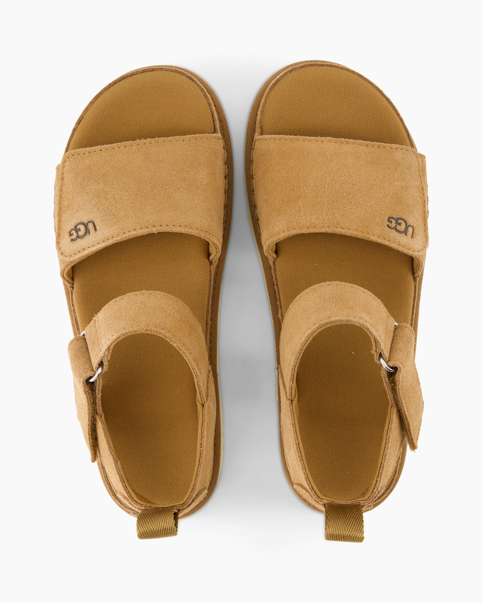 sandals, open-toe, two-strap, suede, tan
