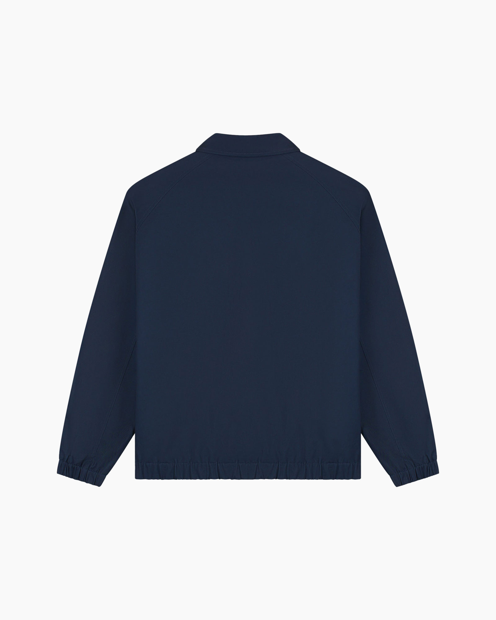 jacket, navy, long sleeve, collar, elastic hem