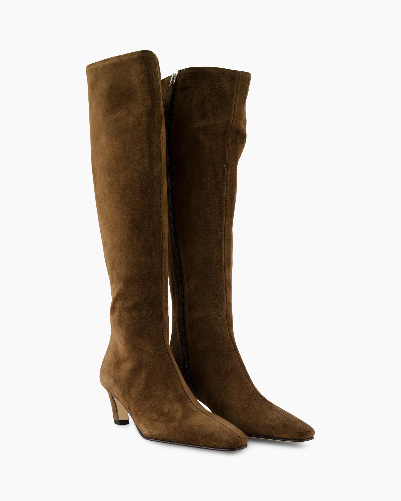 knee-high boots, brown suede, zipper side, heel, pointed toe