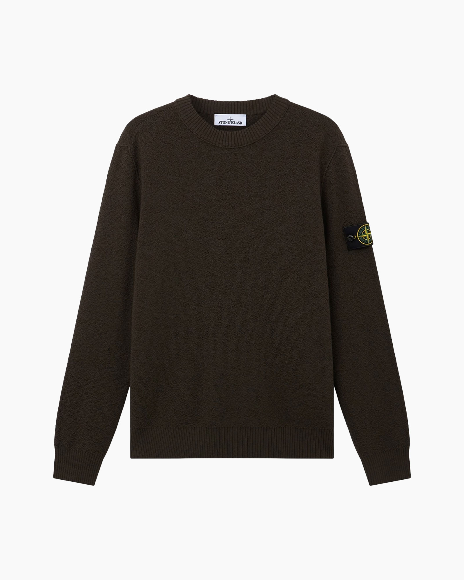 sweater, crewneck, brown, long sleeve, patch