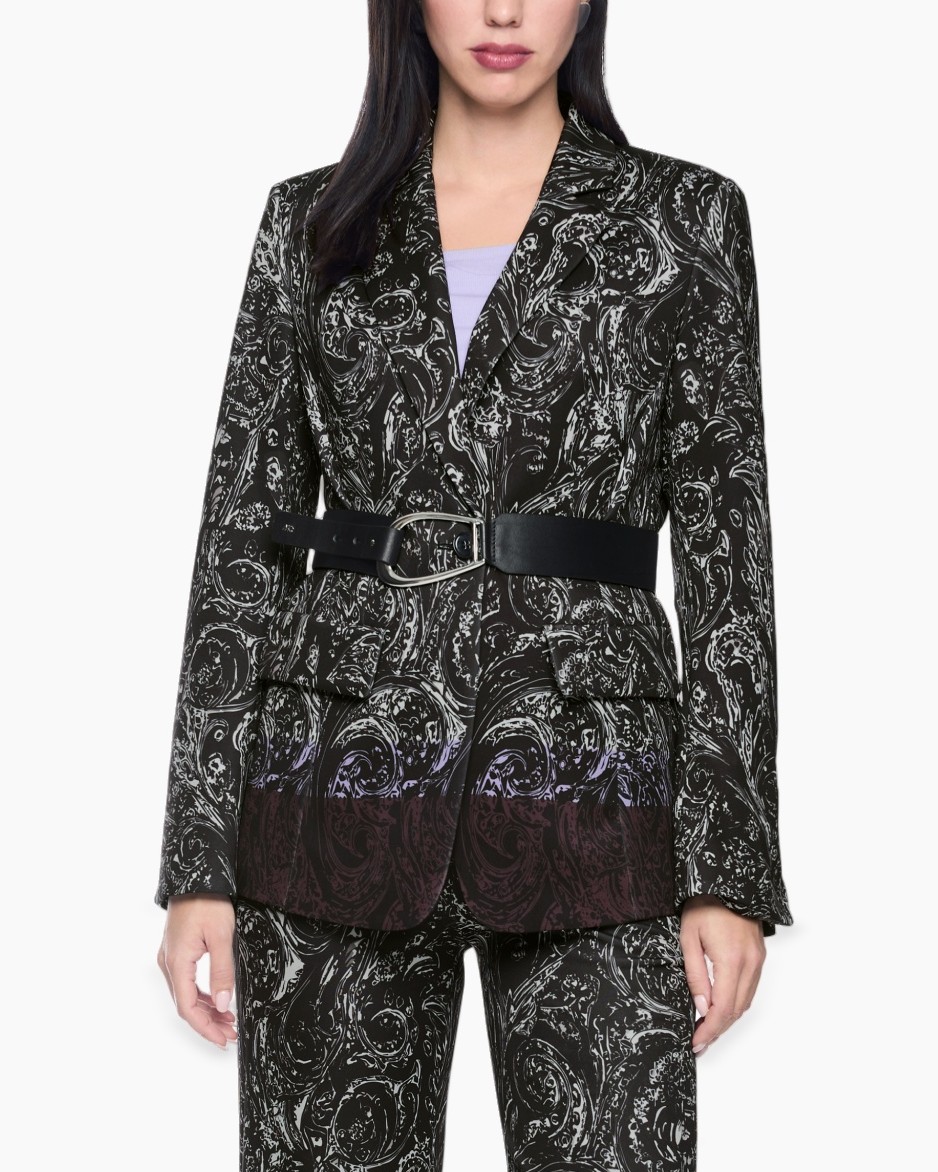 blazer, printed blazer, belted, paisley pattern, women's suit