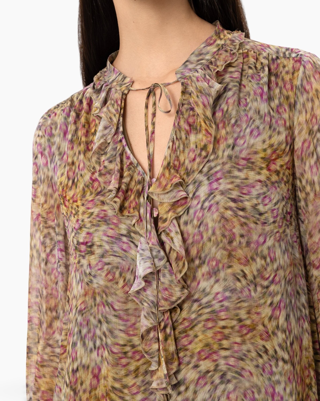 blouse, floral, ruffles, tie-neck, sheer