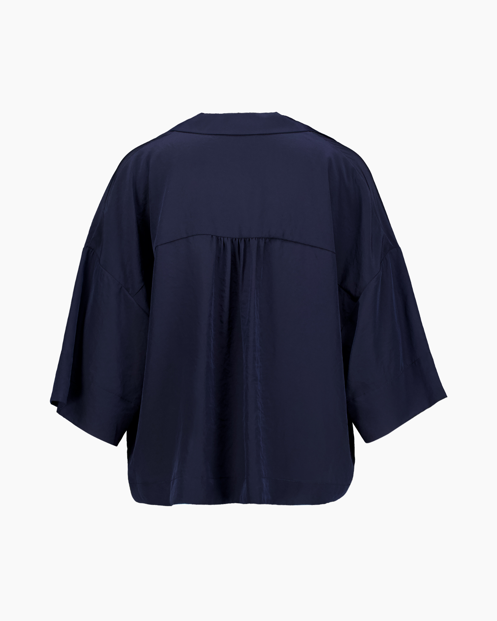 navy blouse, loose fit, wide sleeves, back view, collared shirt