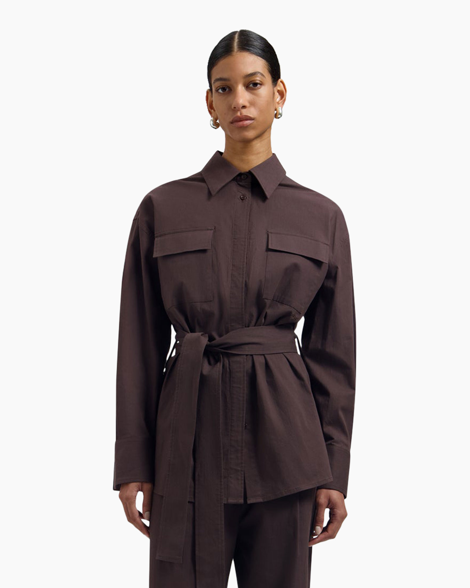 shirt, button-down, long-sleeve, belted, brown