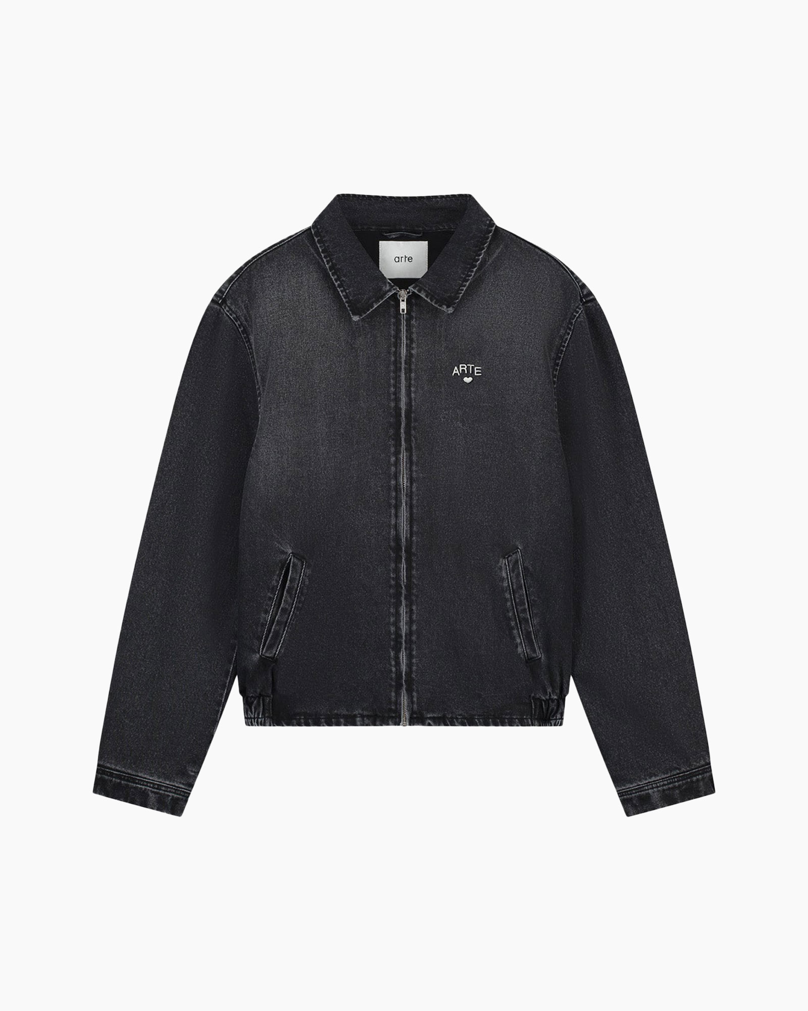 denim jacket, zipper, collar, dark wash, pocketed