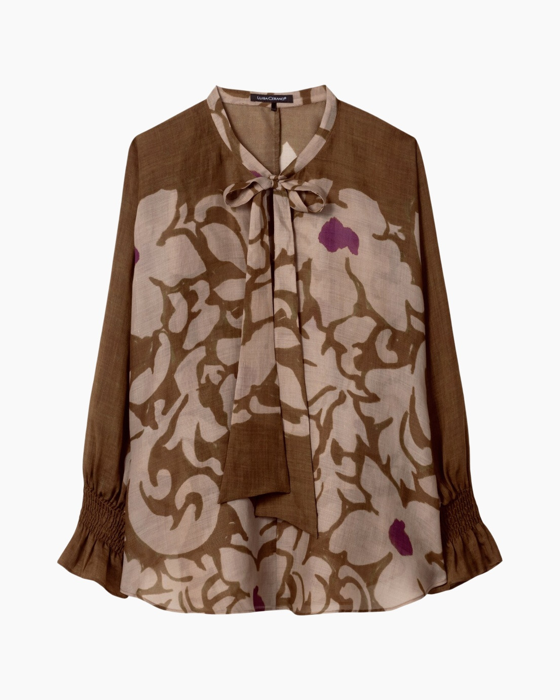 blouse, long-sleeve, patterned, brown, tie-neck