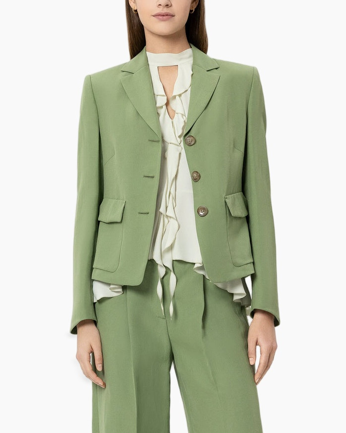 green suit, blazer, notched lapel, two-button, pockets