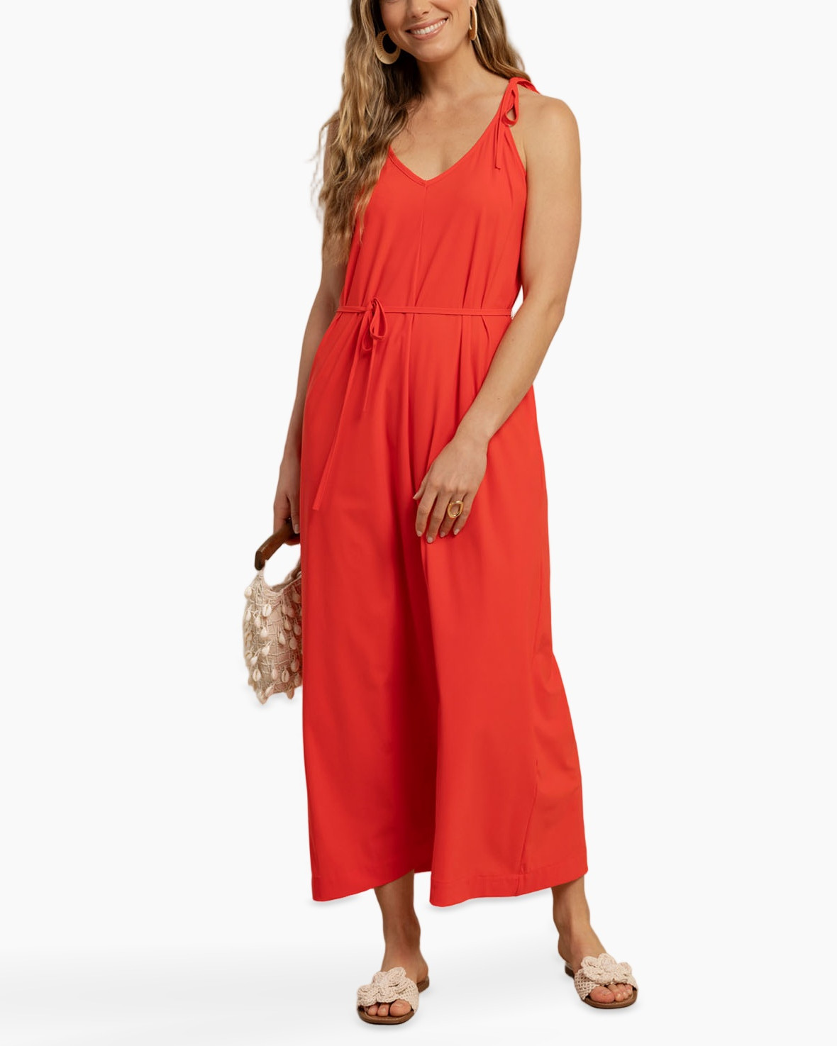 strapless?, red jumpsuit, wide-leg, linen?, bag, sandals
