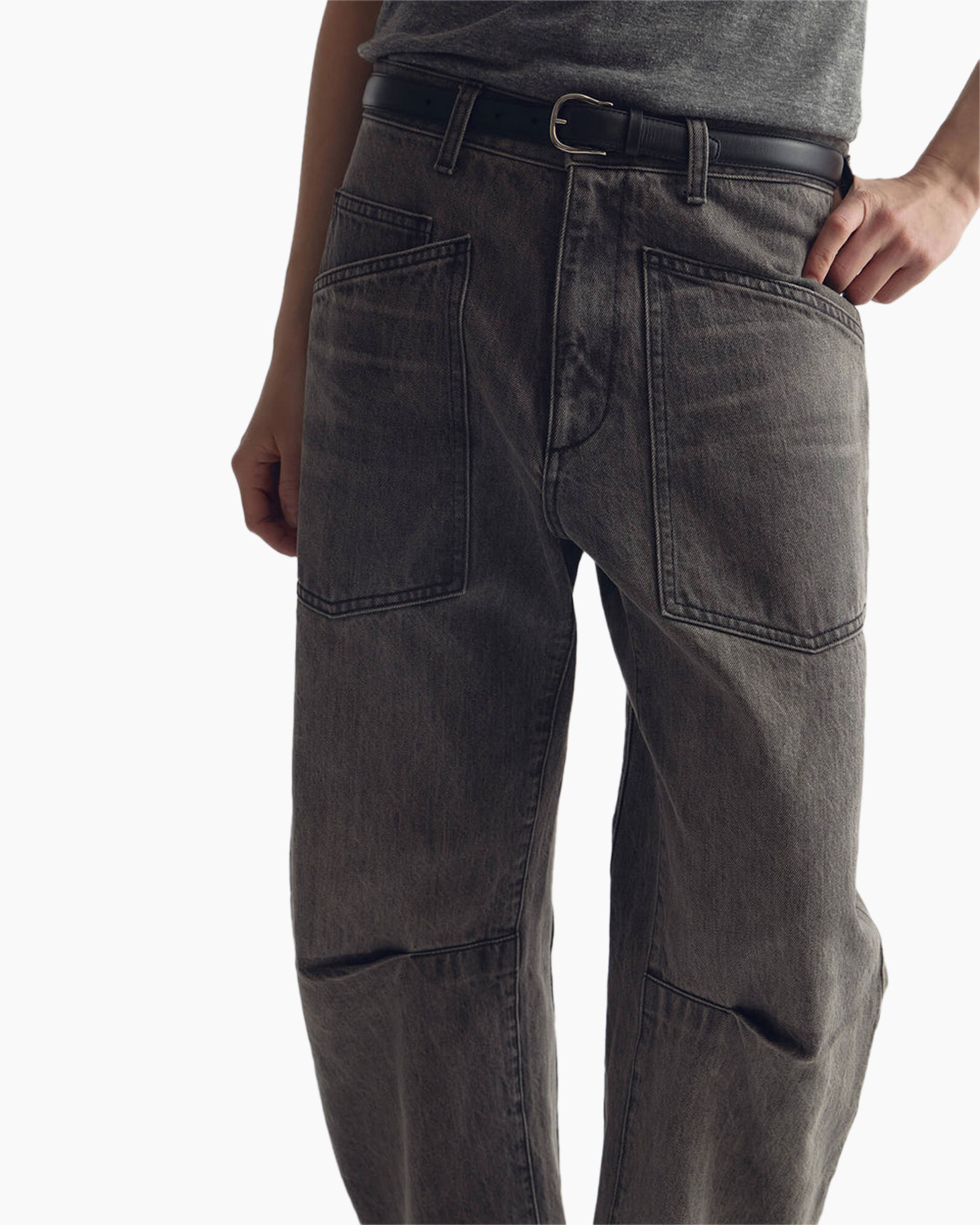 pants, jeans, gray, cargo pockets, belt