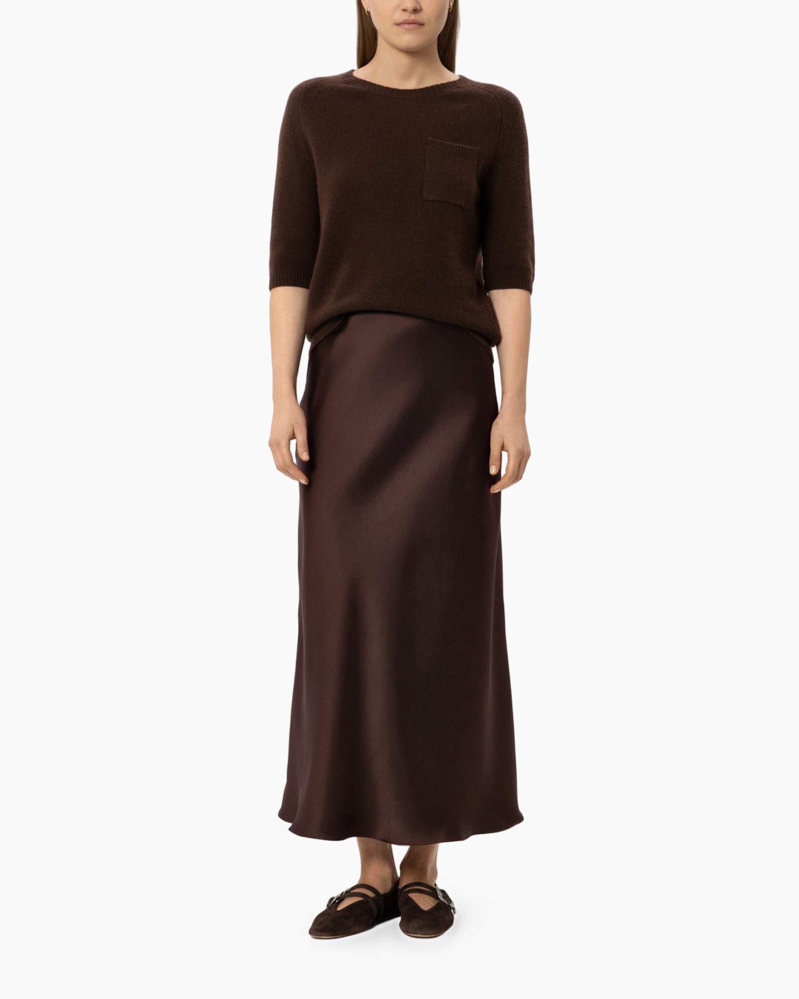 brown sweater, knit top, short sleeves, pocket detail, brown satin skirt
