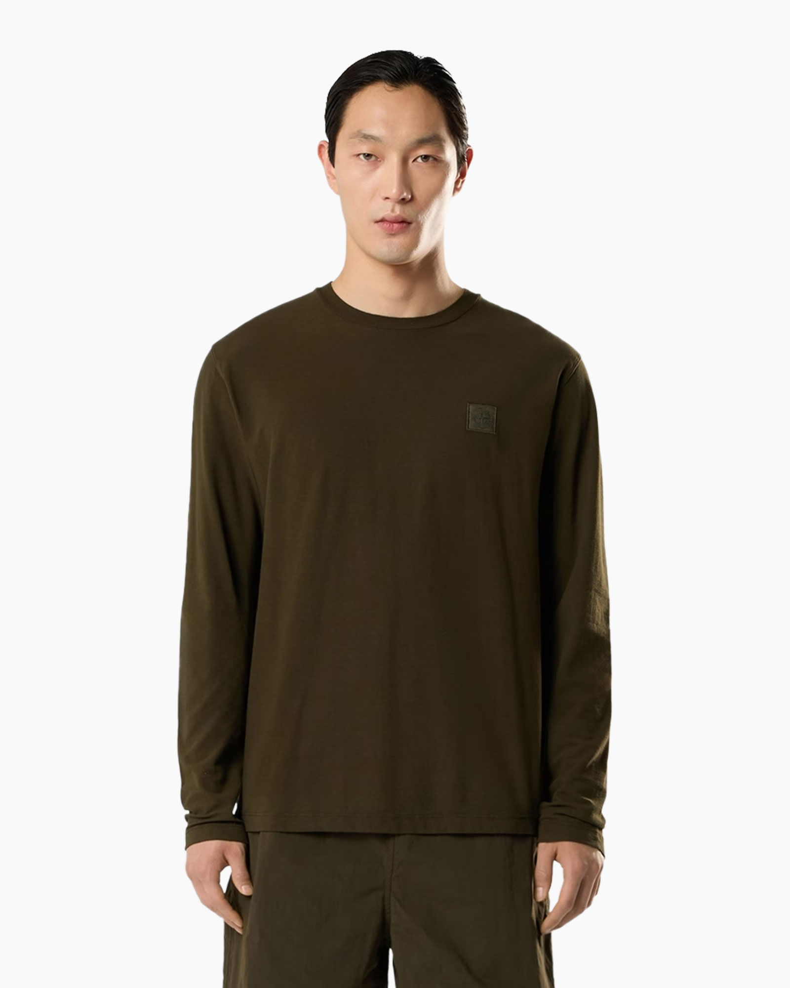 longsleeve, olive, crewneck, logo patch, casual