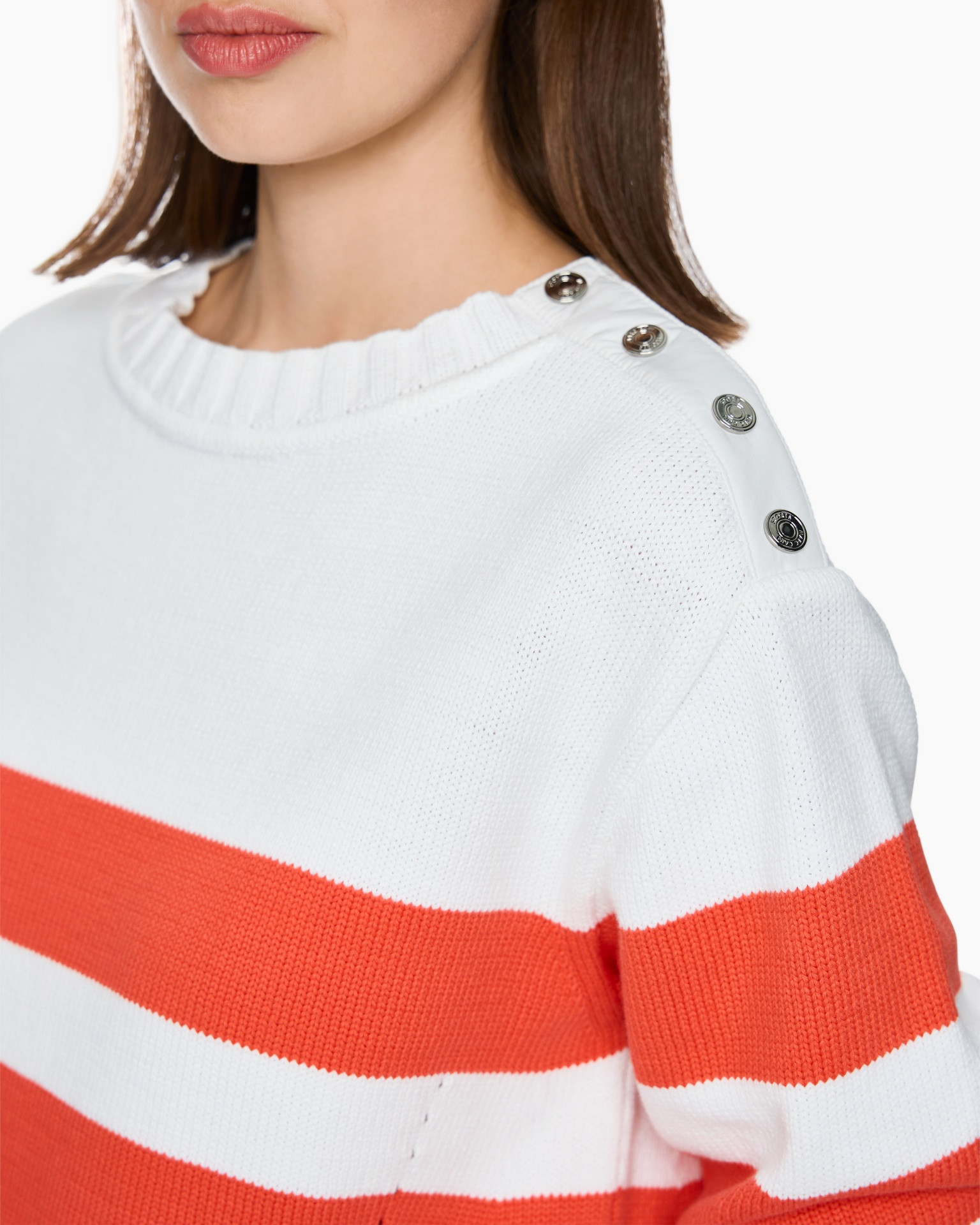 knit sweater, white sweater, striped sweater, shoulder buttons, orange stripe