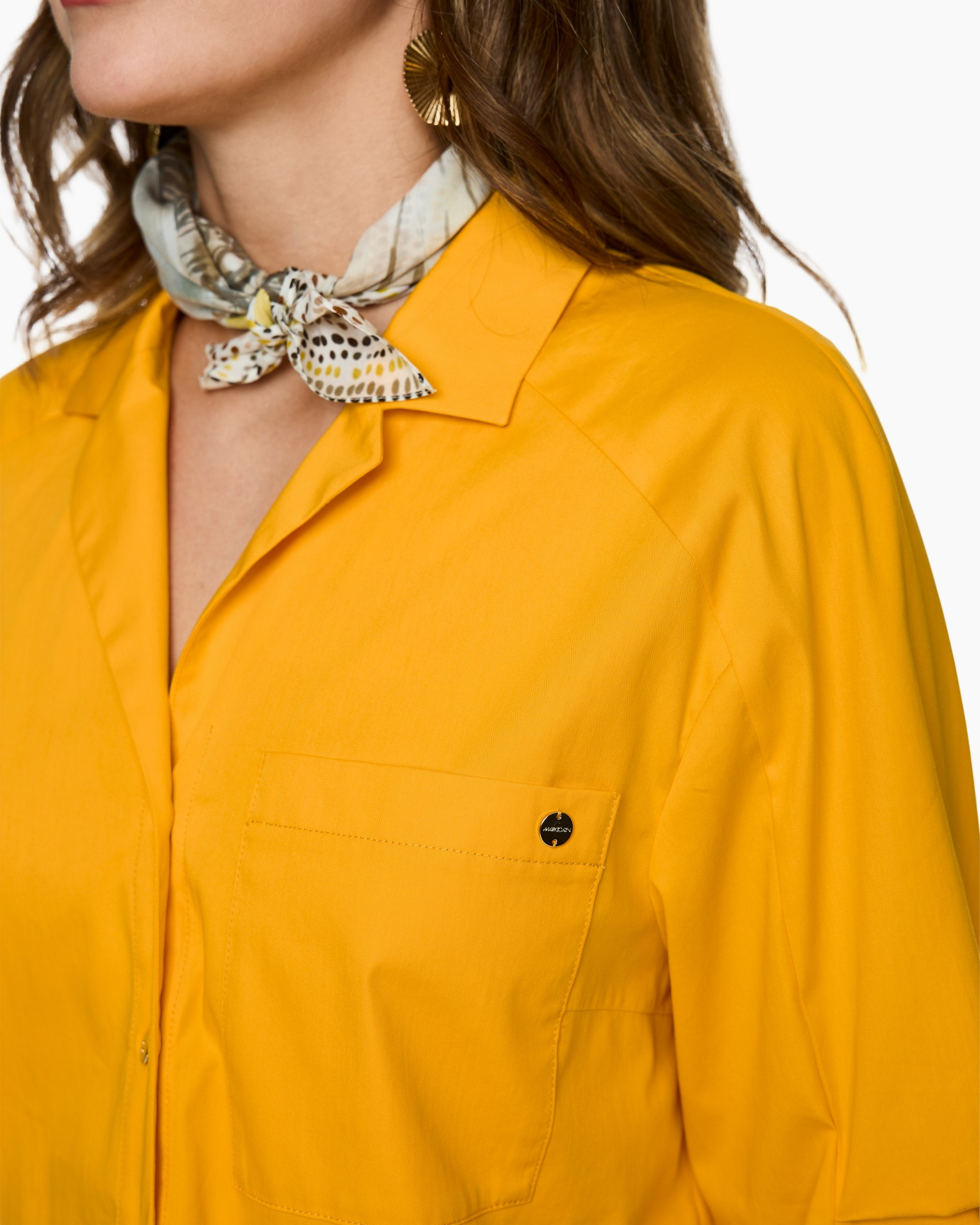 yellow shirt, collar shirt, pocket, button, scarf accessory