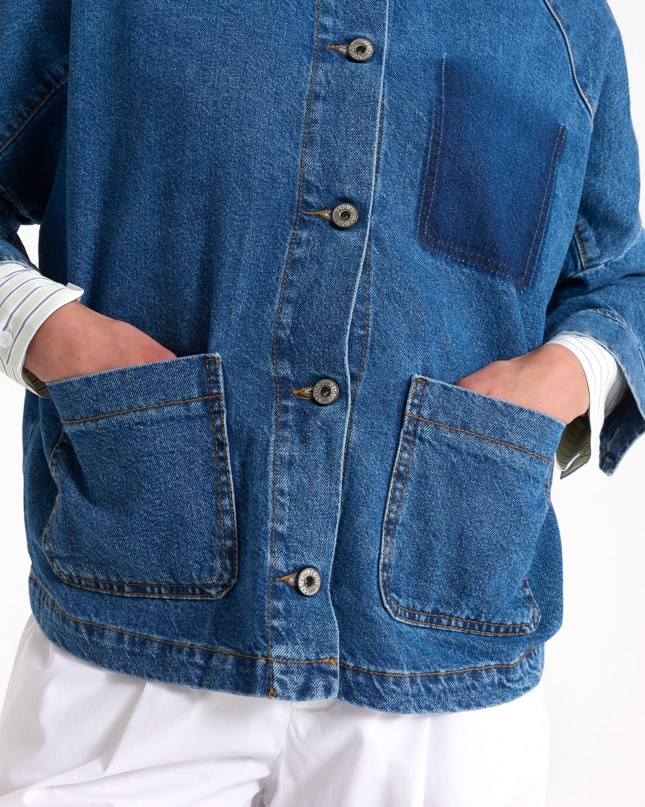 denim, jean jacket, pockets, button closure, blue