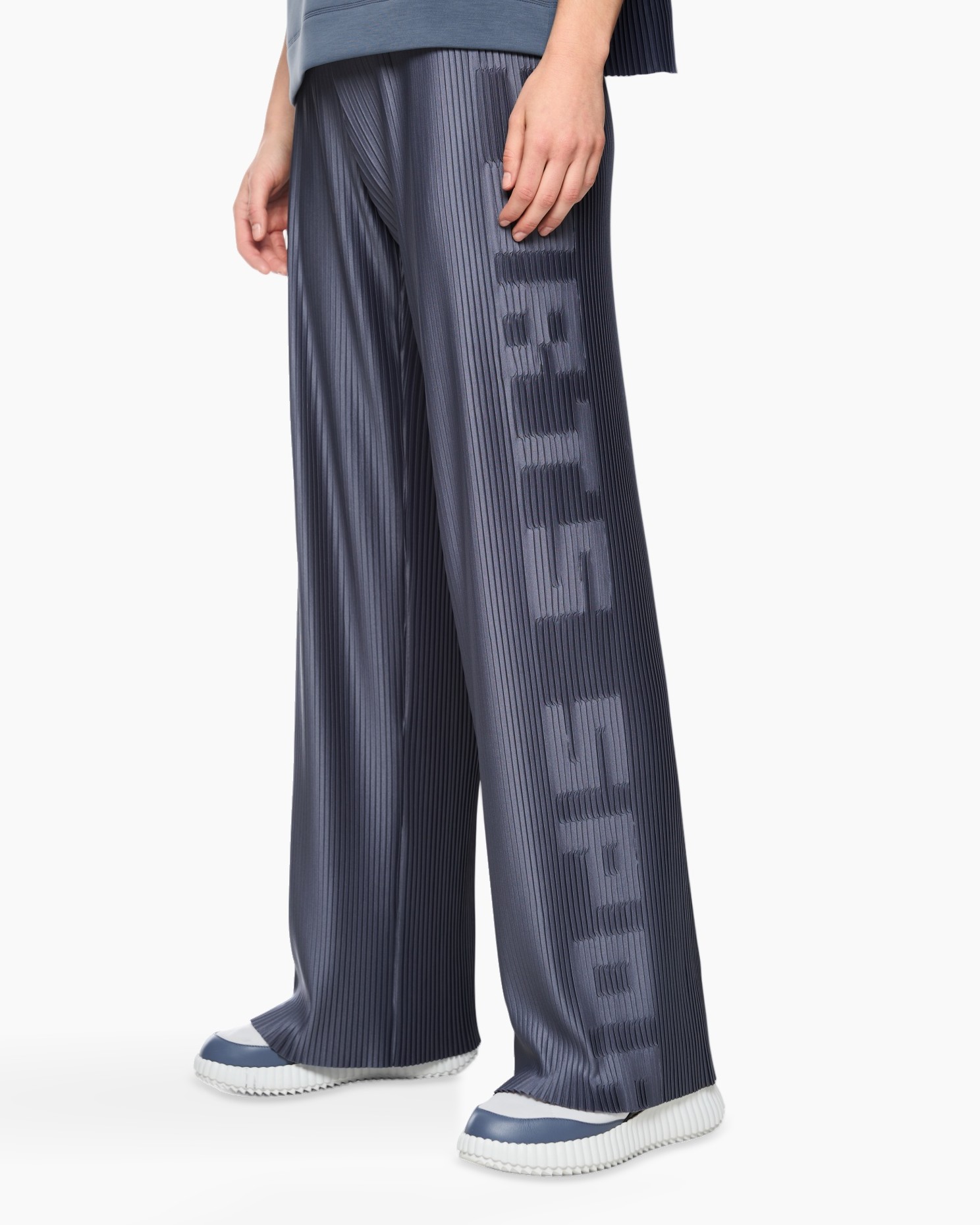 wide-leg, pleated, graphic, dark-blue, polyester