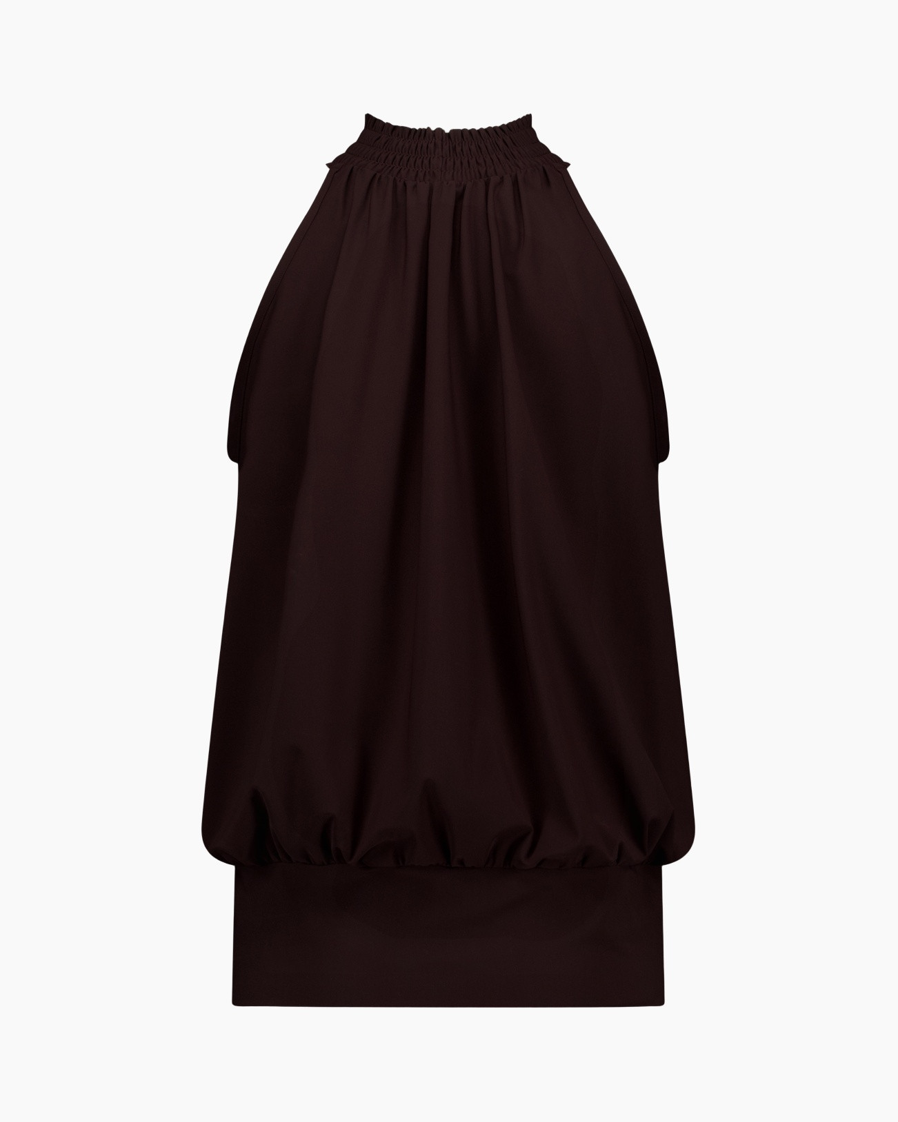 top, sleeveless, off-shoulder?, bulky, dark brown
