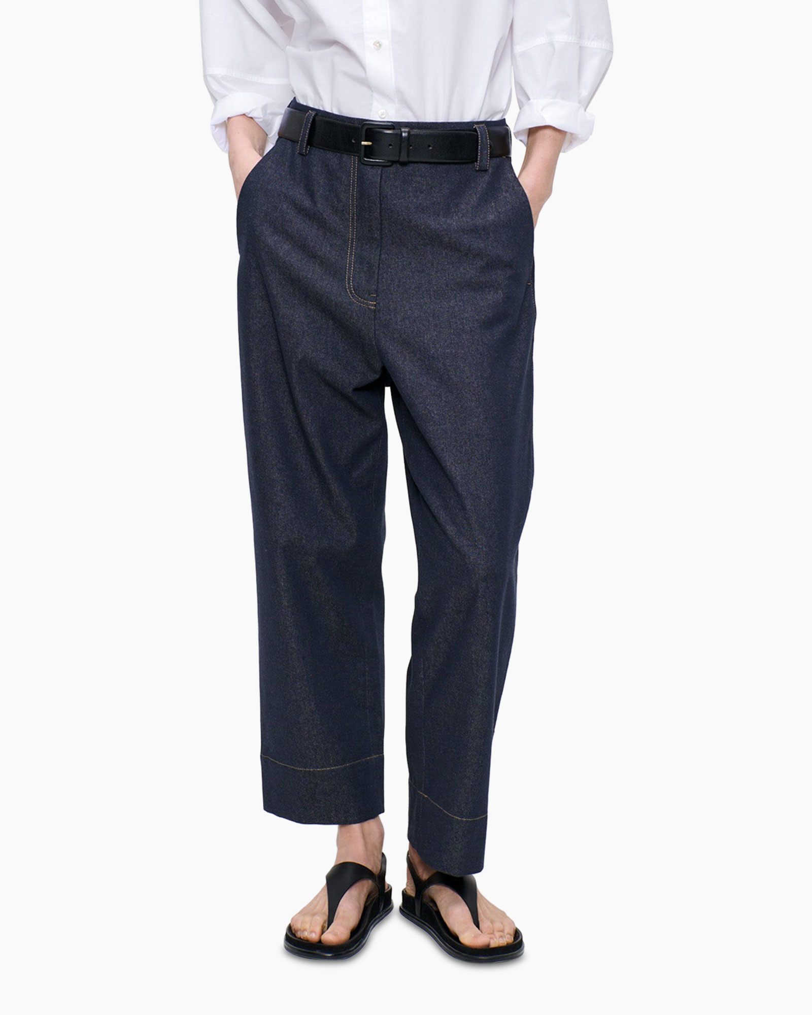 pants, denim, dark wash, baggy, rolled cuffs