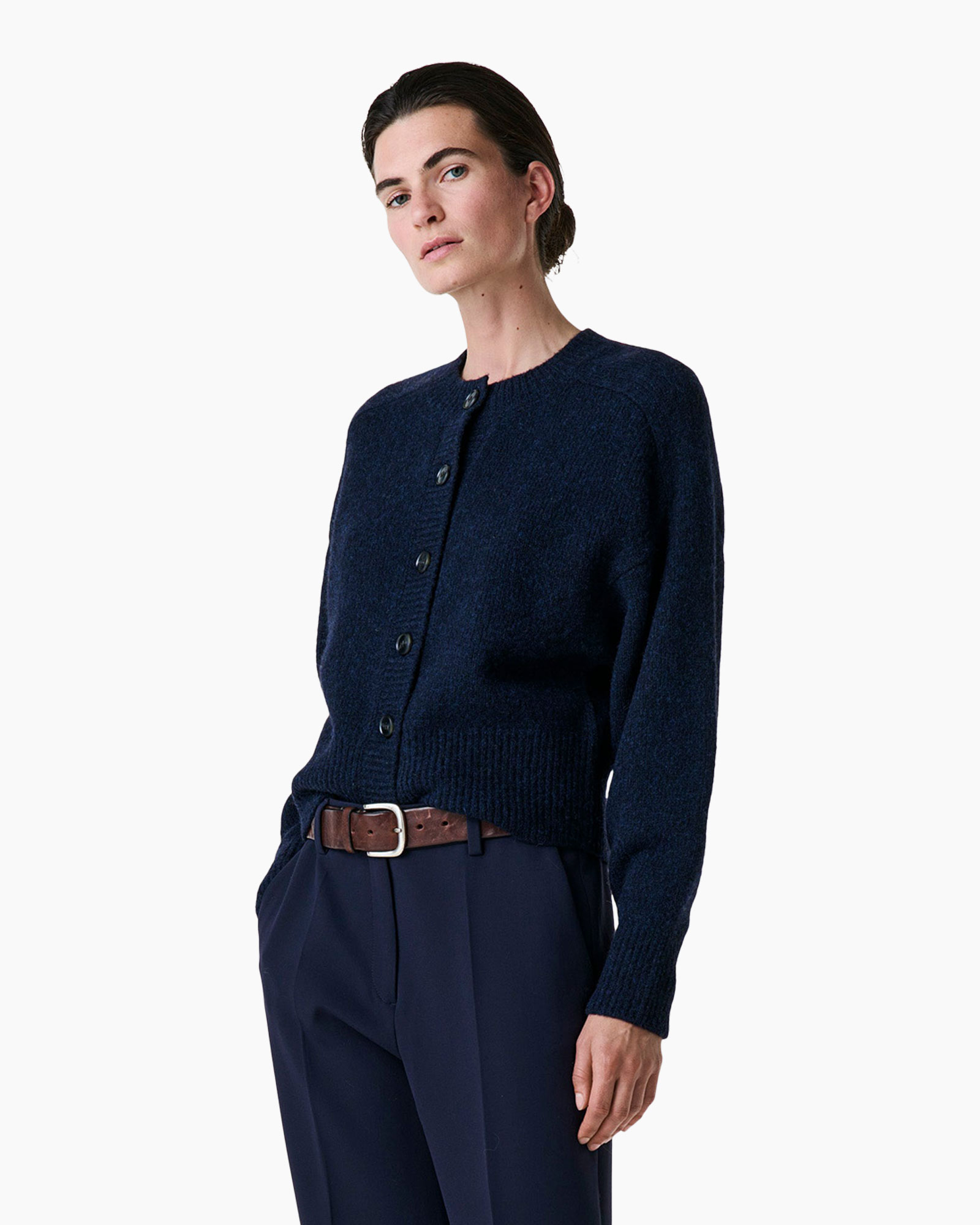 cardigan, navy, knit, buttons, crew-neck