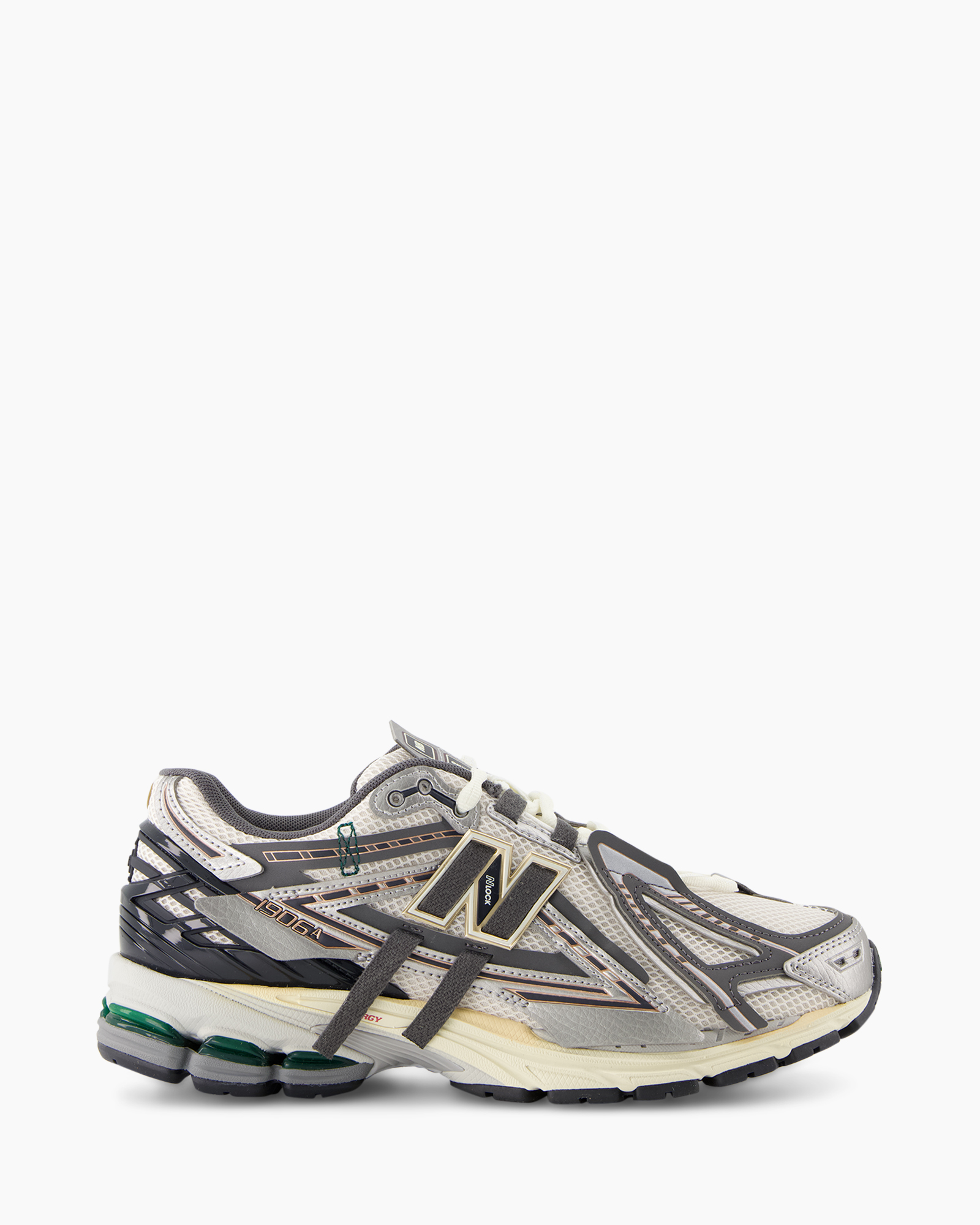 running shoe, sneaker, mesh upper, gray, white