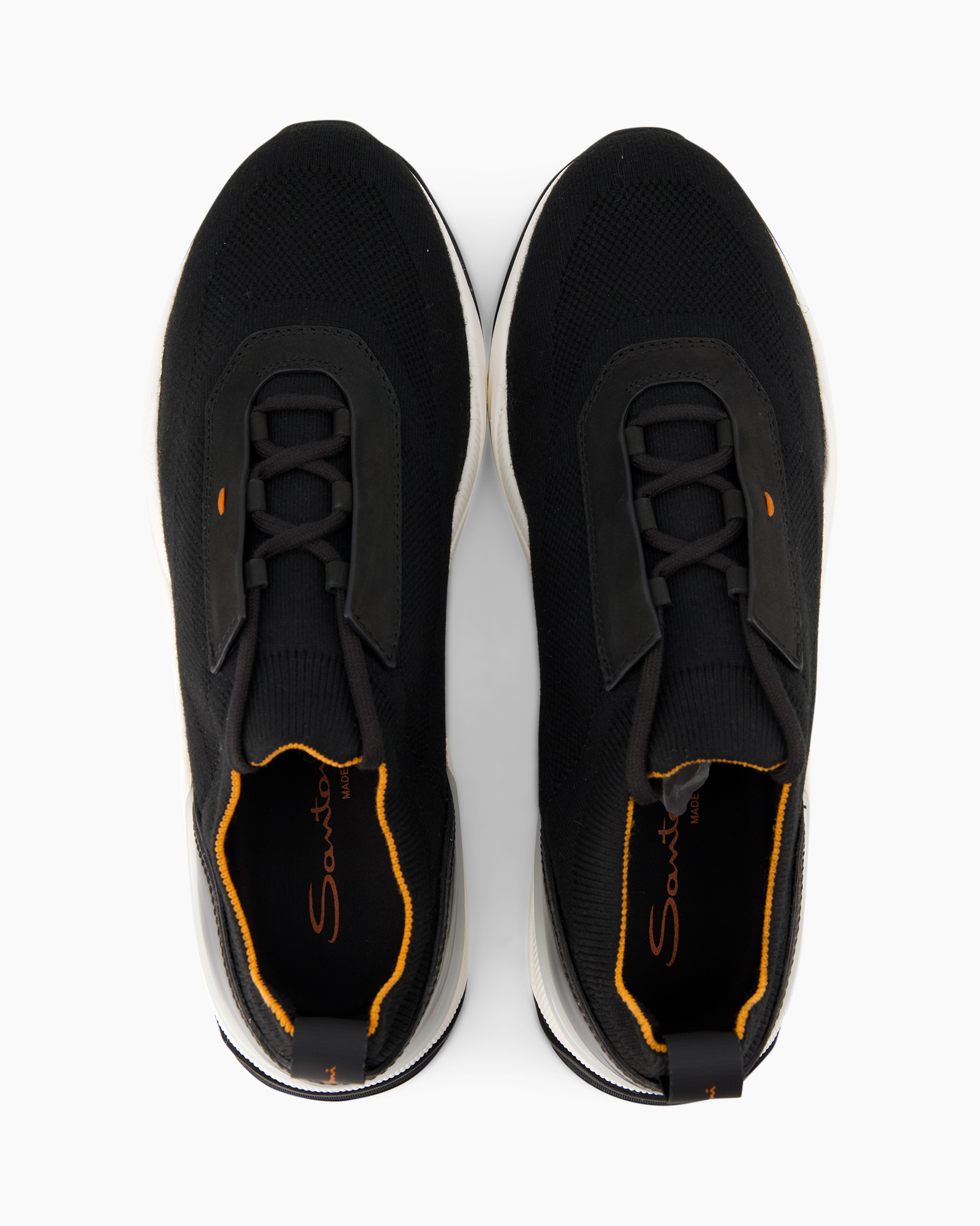 sneakers, black, knit, lace-up, orange-trim