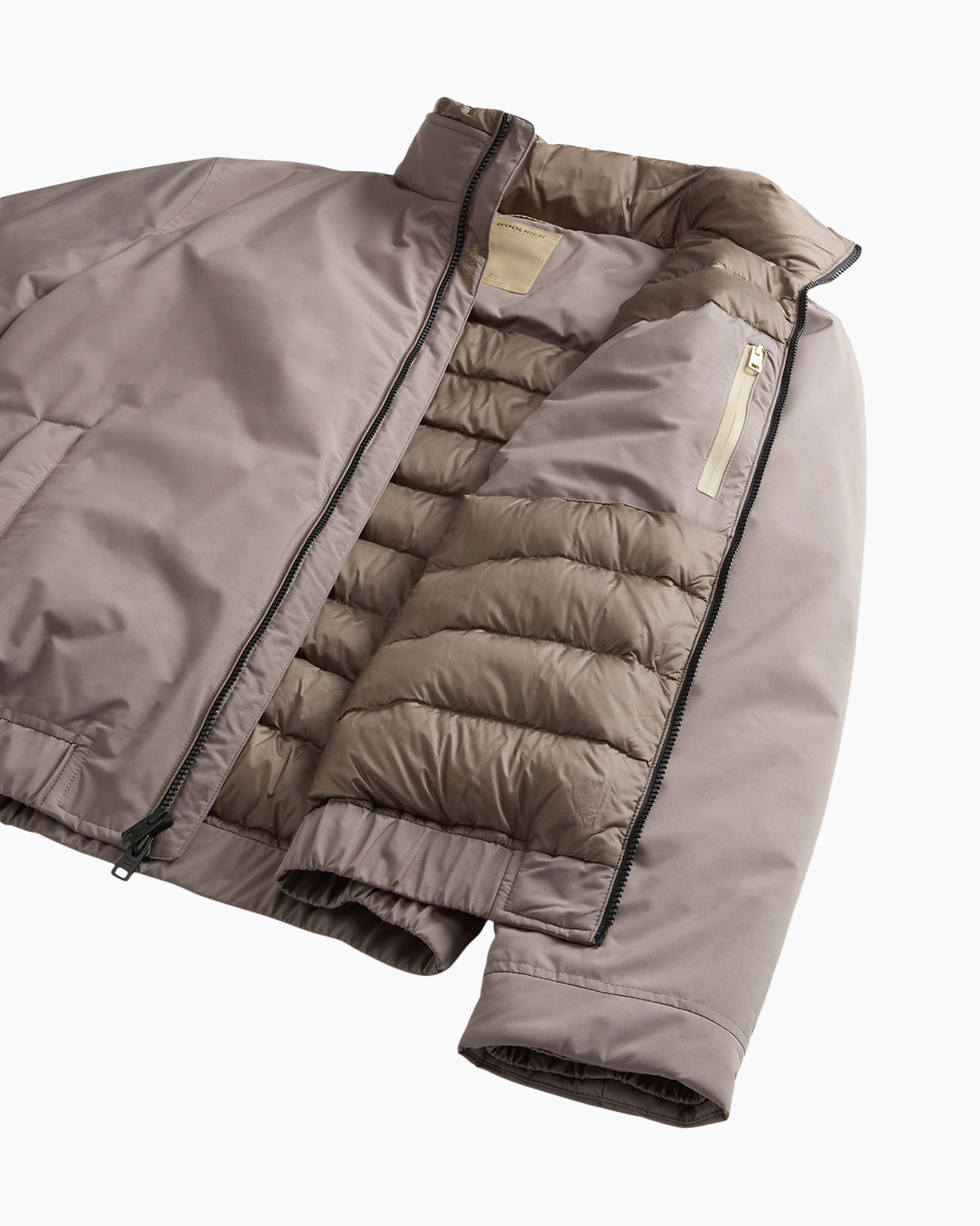 puffer jacket, down jacket, zipper, neutral taupe, inner quilted
