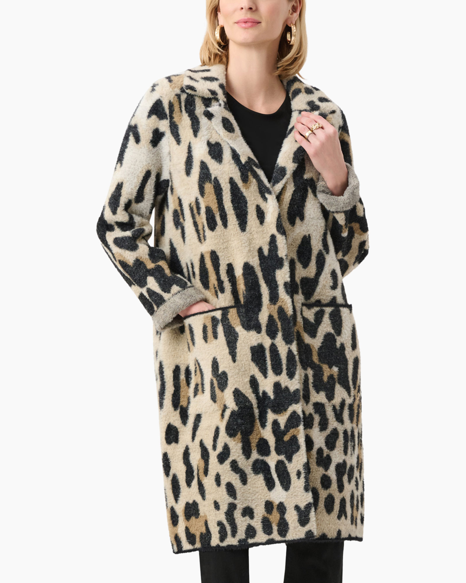 coat, leopard print, long coat, fuzzy, patch pockets