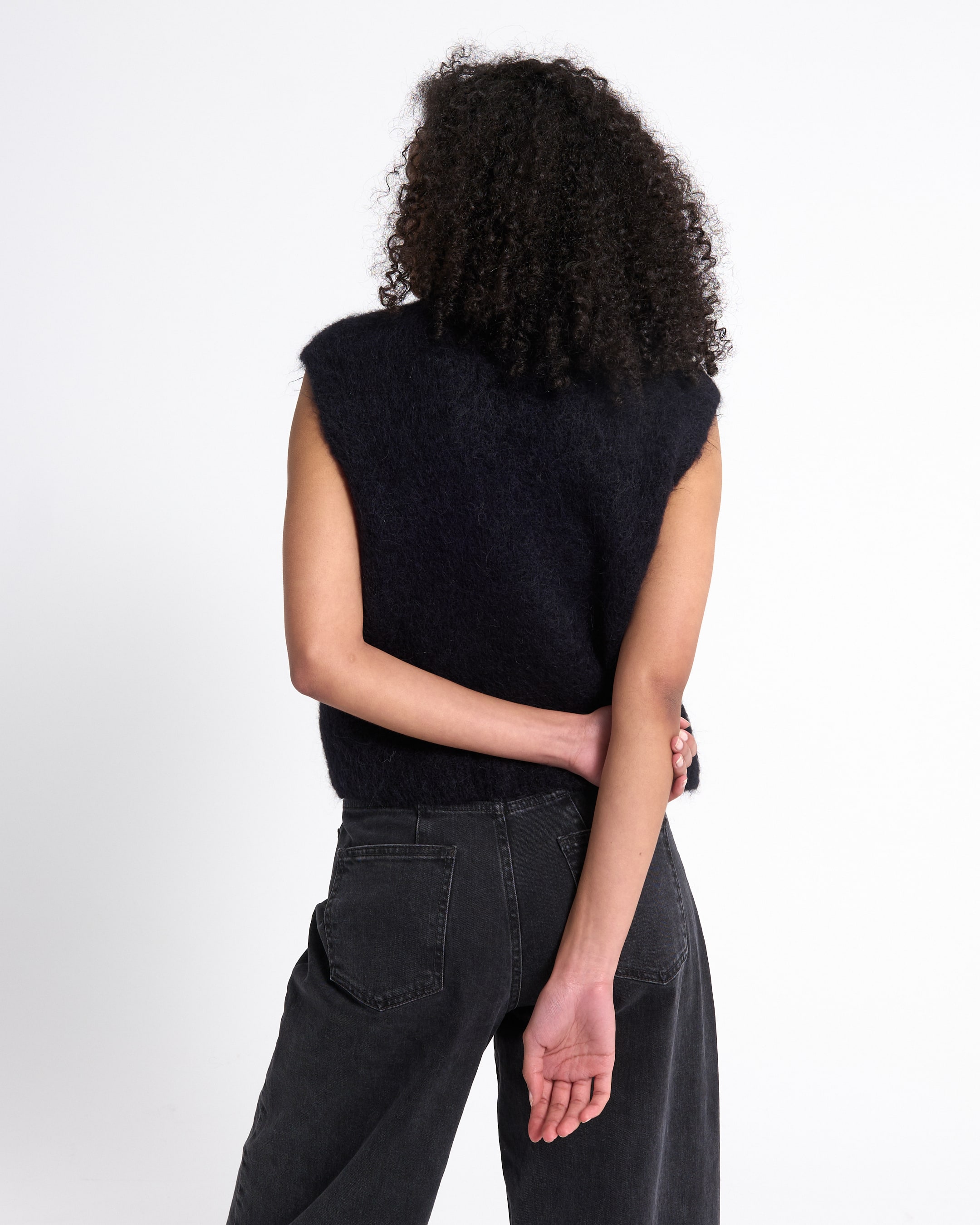 black sleeveless top, fuzzy knit, tank top, women's top, dark color
