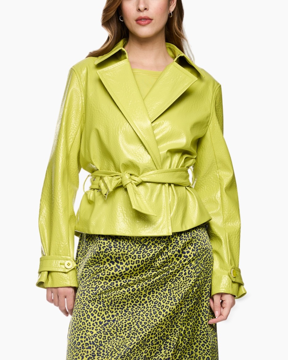 leather jacket, belted, lime green, collar, long sleeve