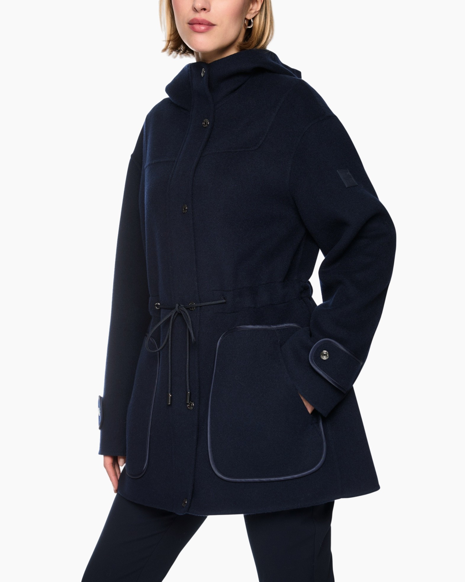 coat, hooded, drawstring, pockets, navy