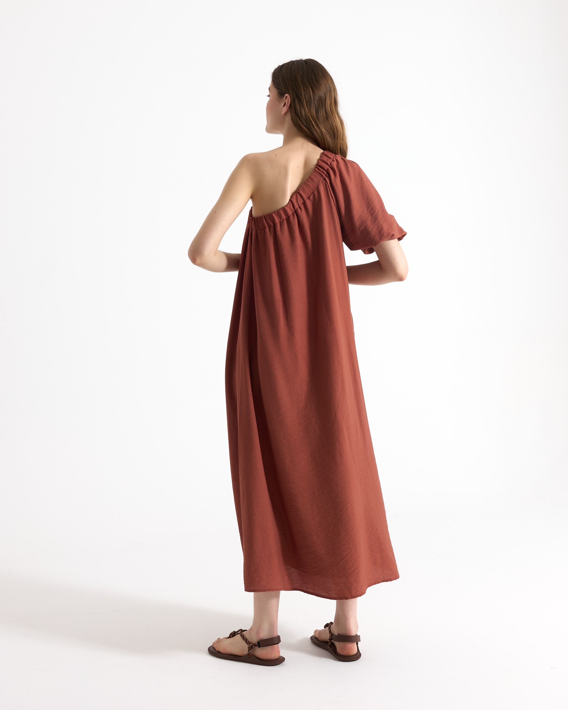 dress, one-shoulder, rust, maxi dress, linen-like fabric