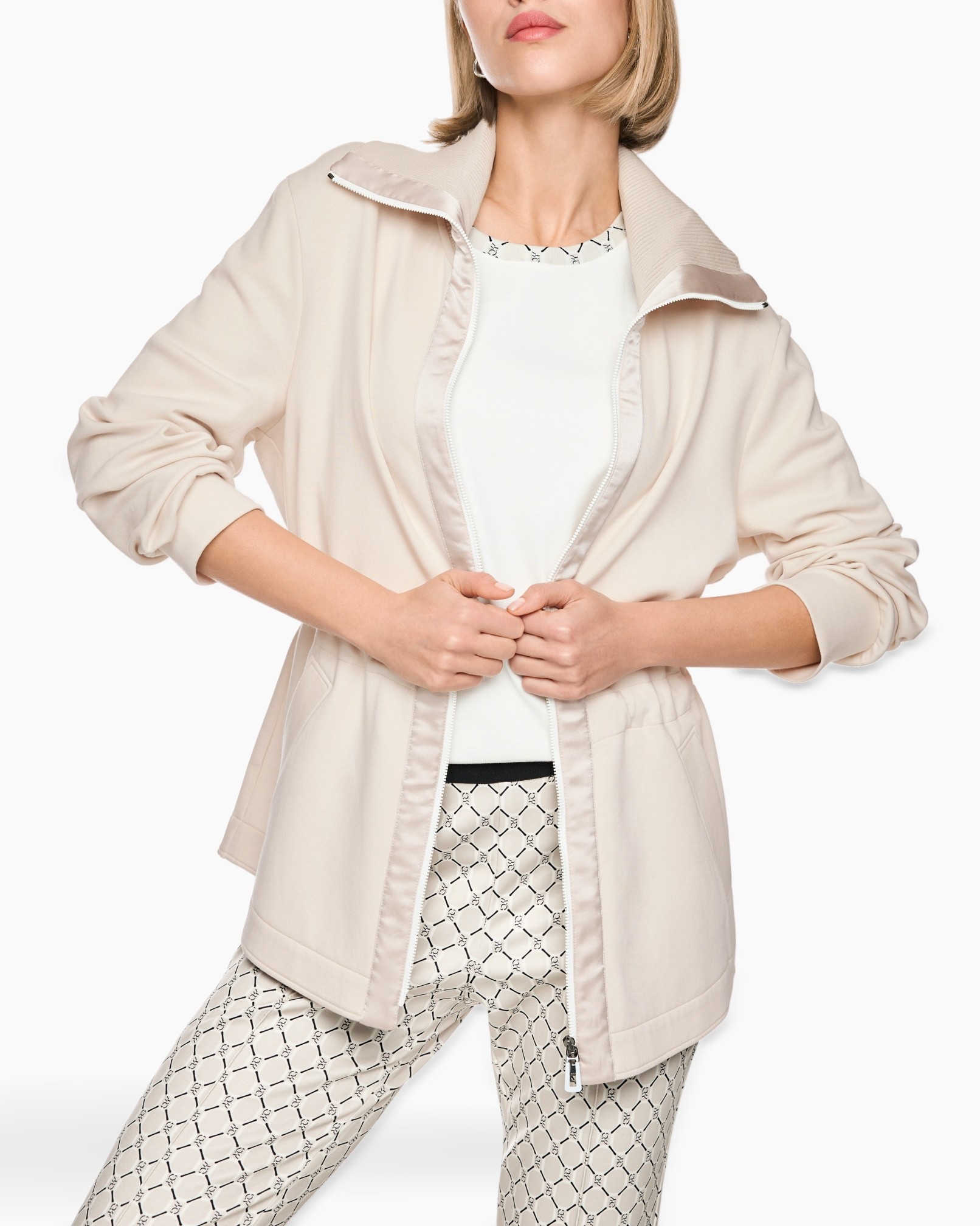 beige jacket, zippered jacket, collared jacket, long sleeves, beige outerwear