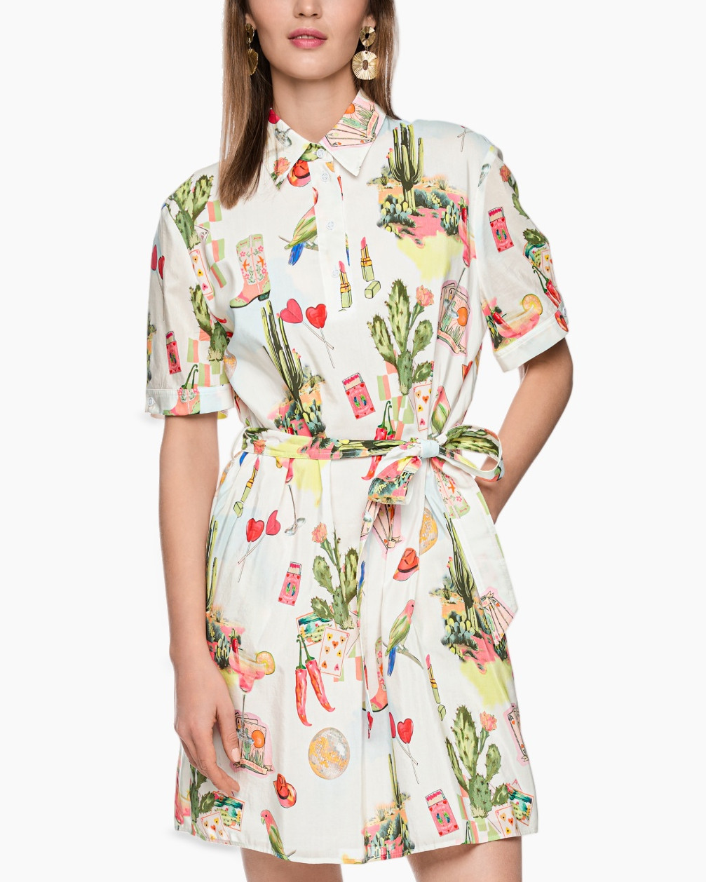 shirt dress, printed dress, short sleeve, collared, belted waist