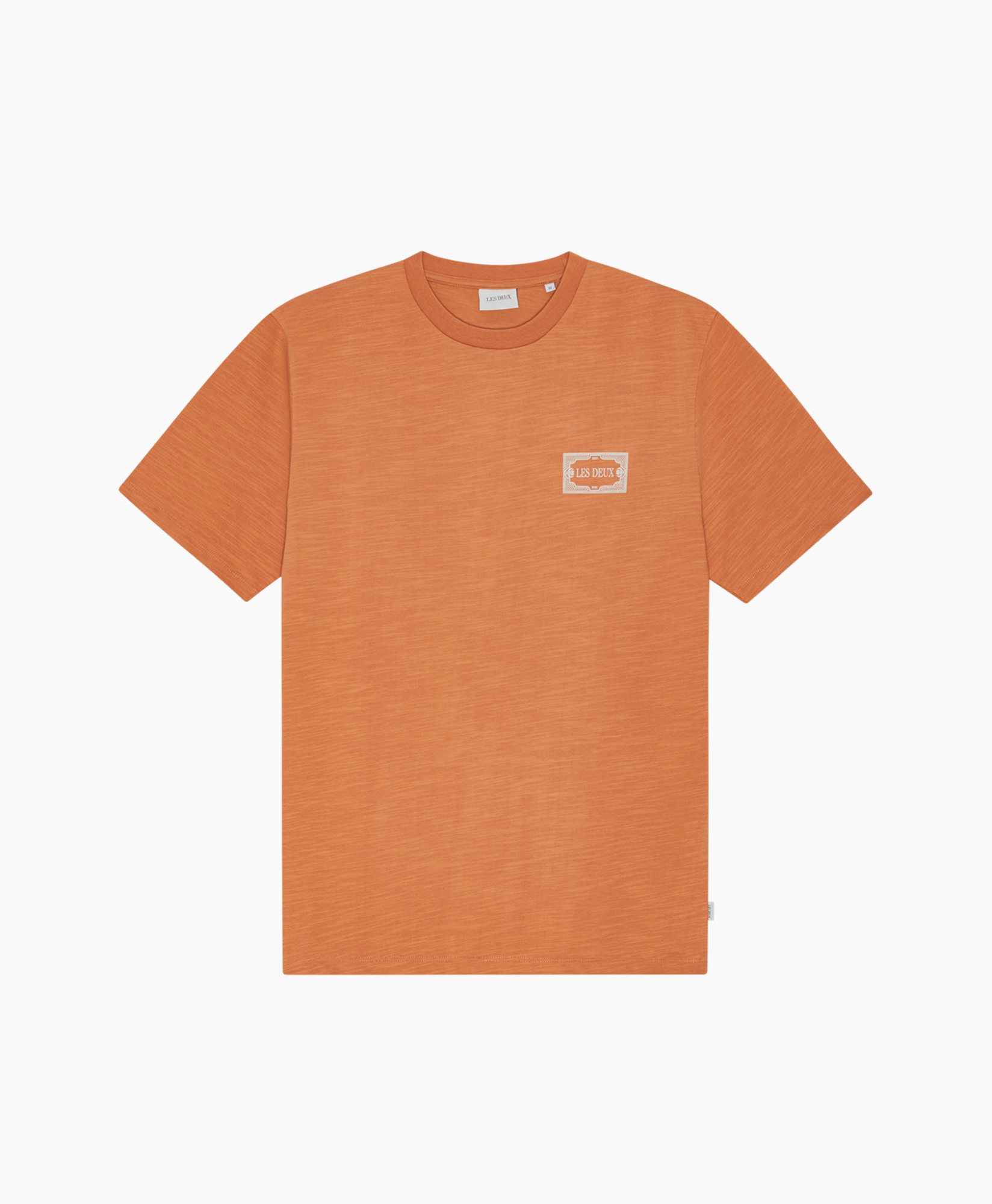 t-shirt, orange, short-sleeve, solid, logo patch