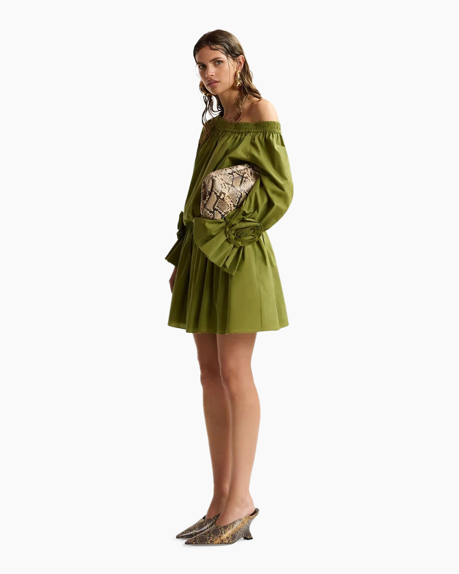 dress, mini dress, off-shoulder, olive green, puff sleeves