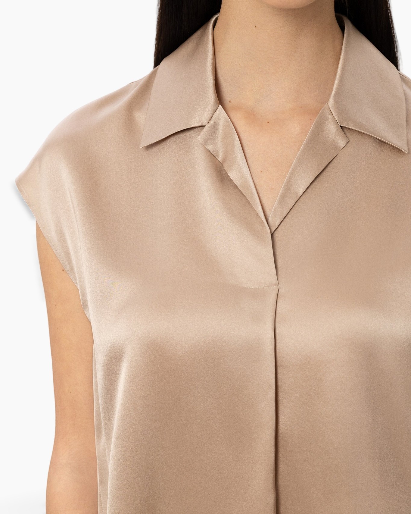 blouse, satin, beige, collared, sleeveless