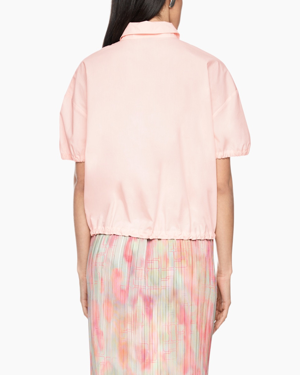 pink, short-sleeve, blouse, collared, elastic-hem