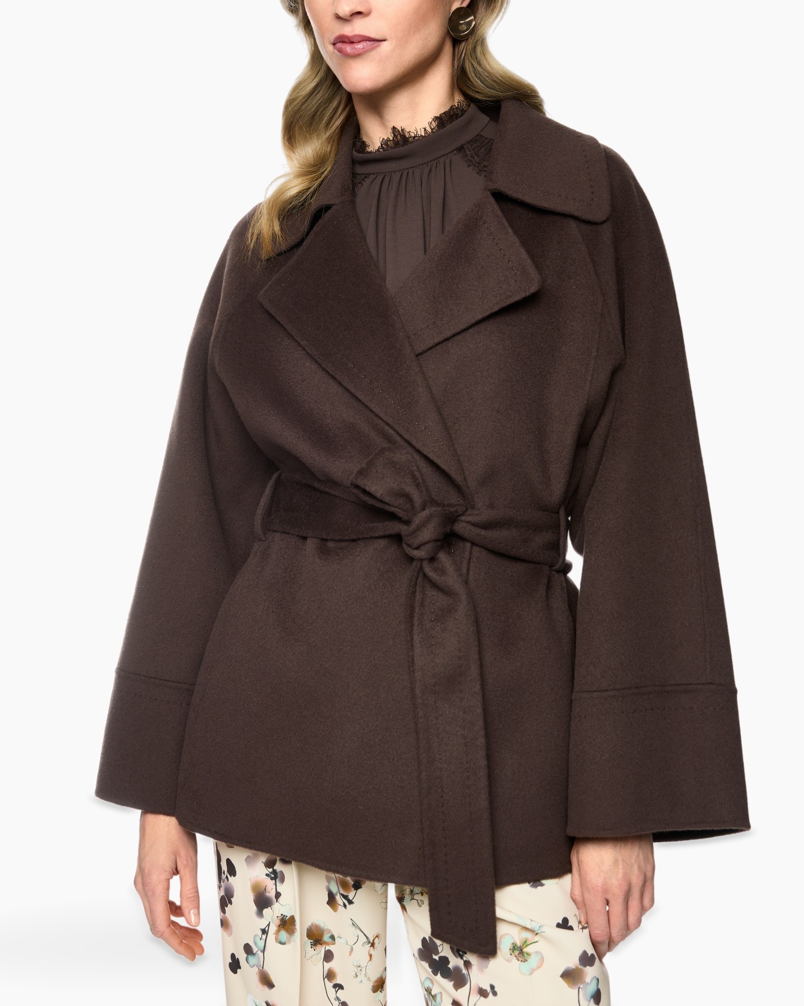 coat, wrap, belt, long sleeve, brown