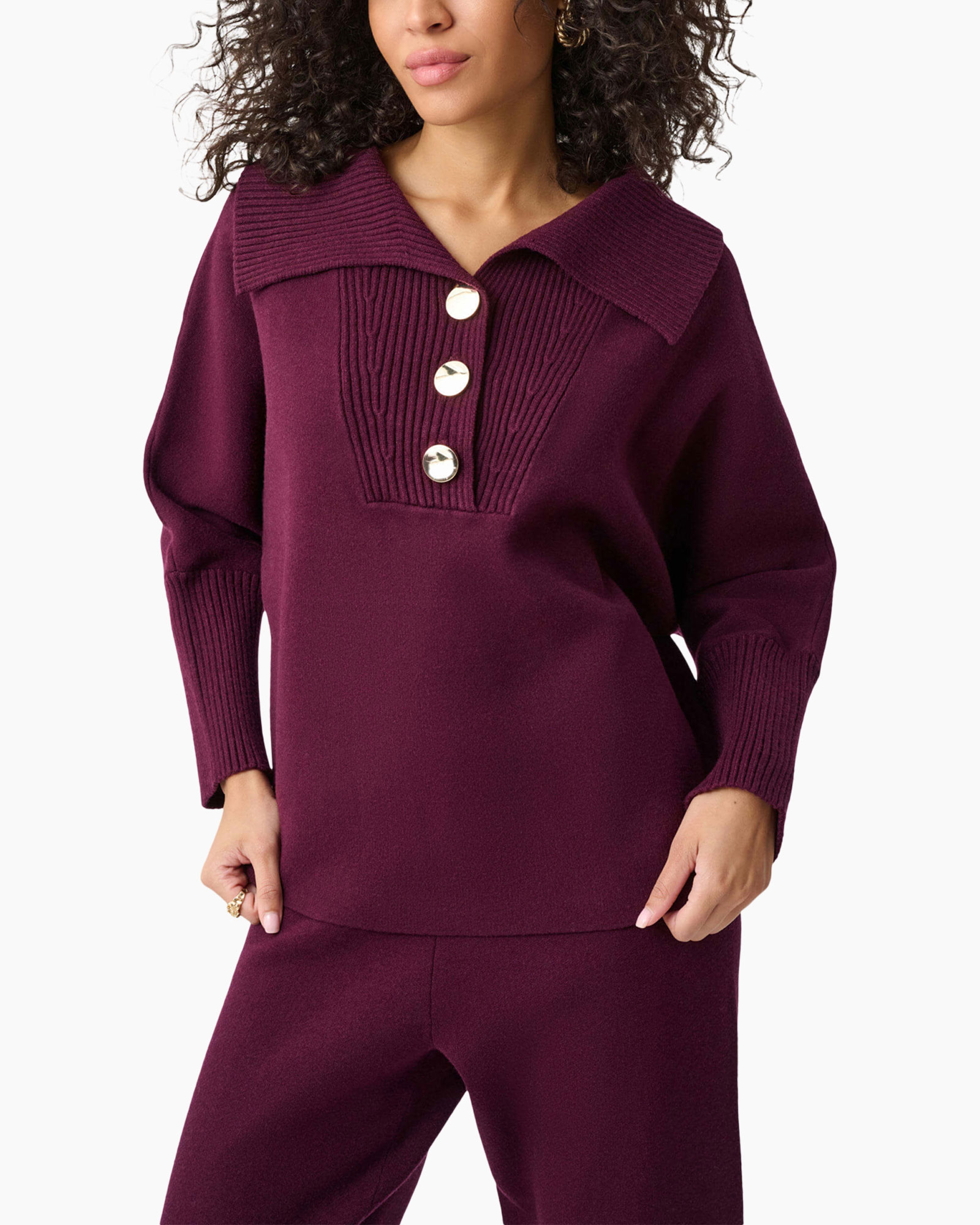 plaid?, pearl buttons, collar, knit sweater, purple