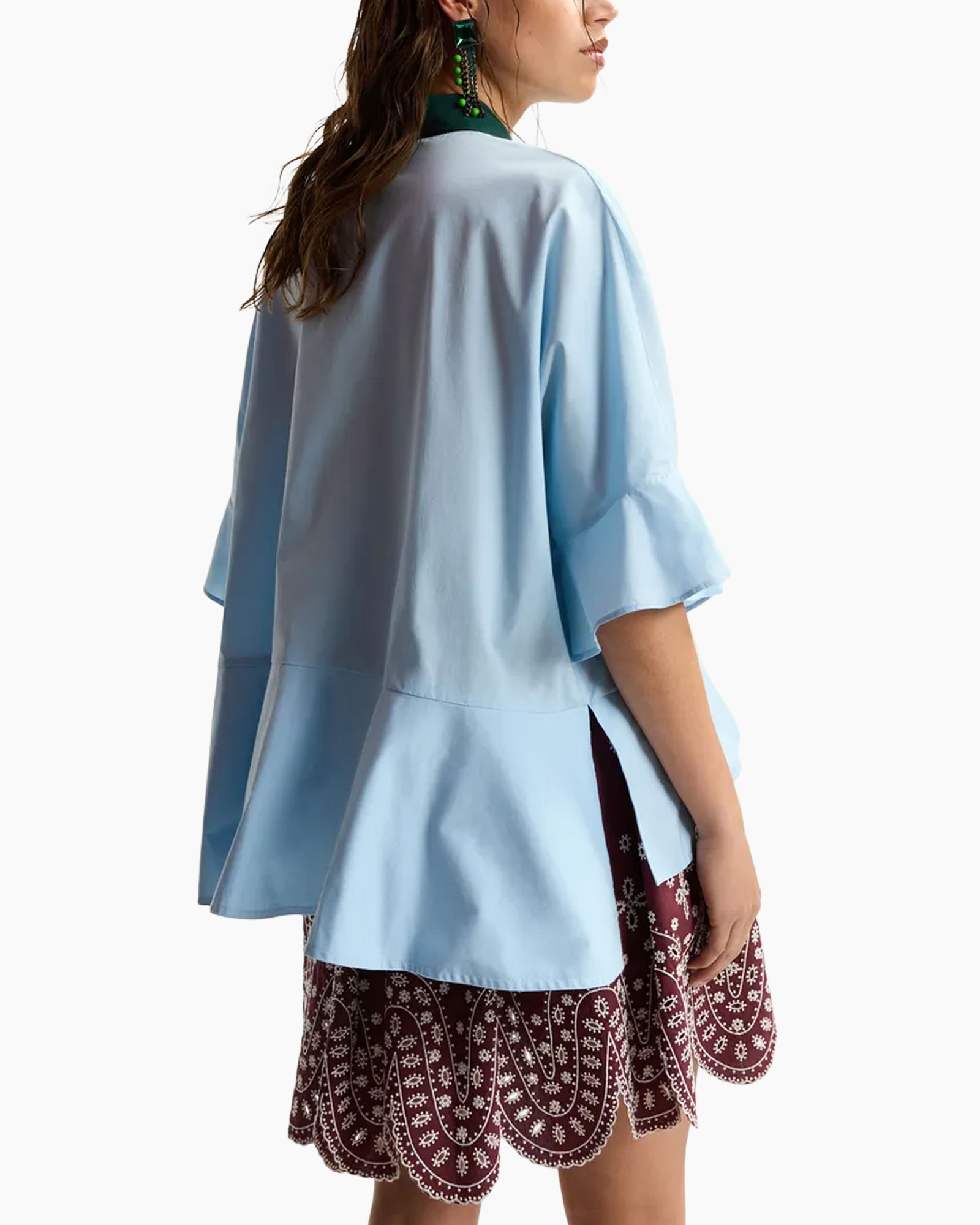 top, blouse, peplum, light blue, green placket