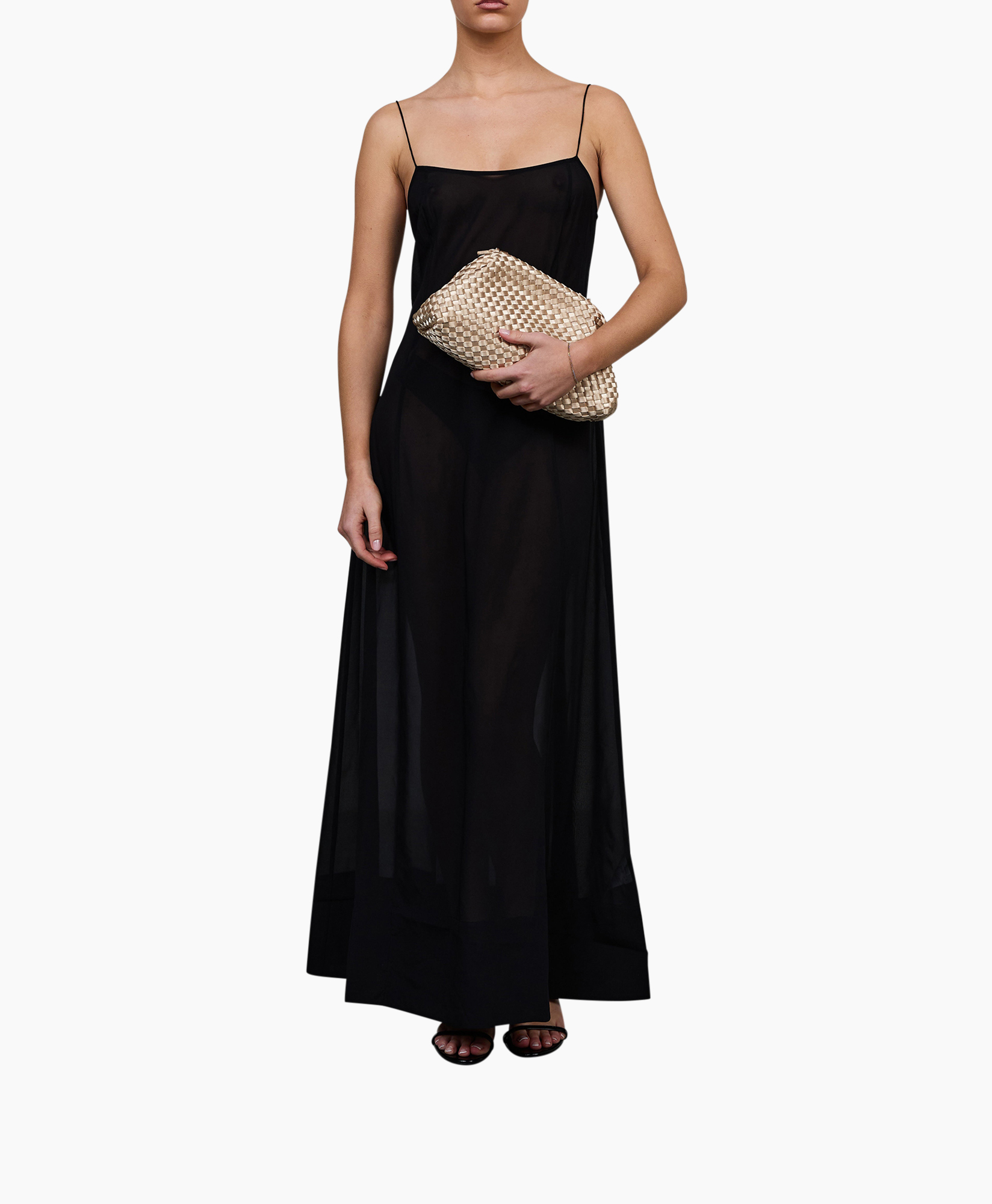 black dress, evening gown, slip dress, long dress, clutch bag