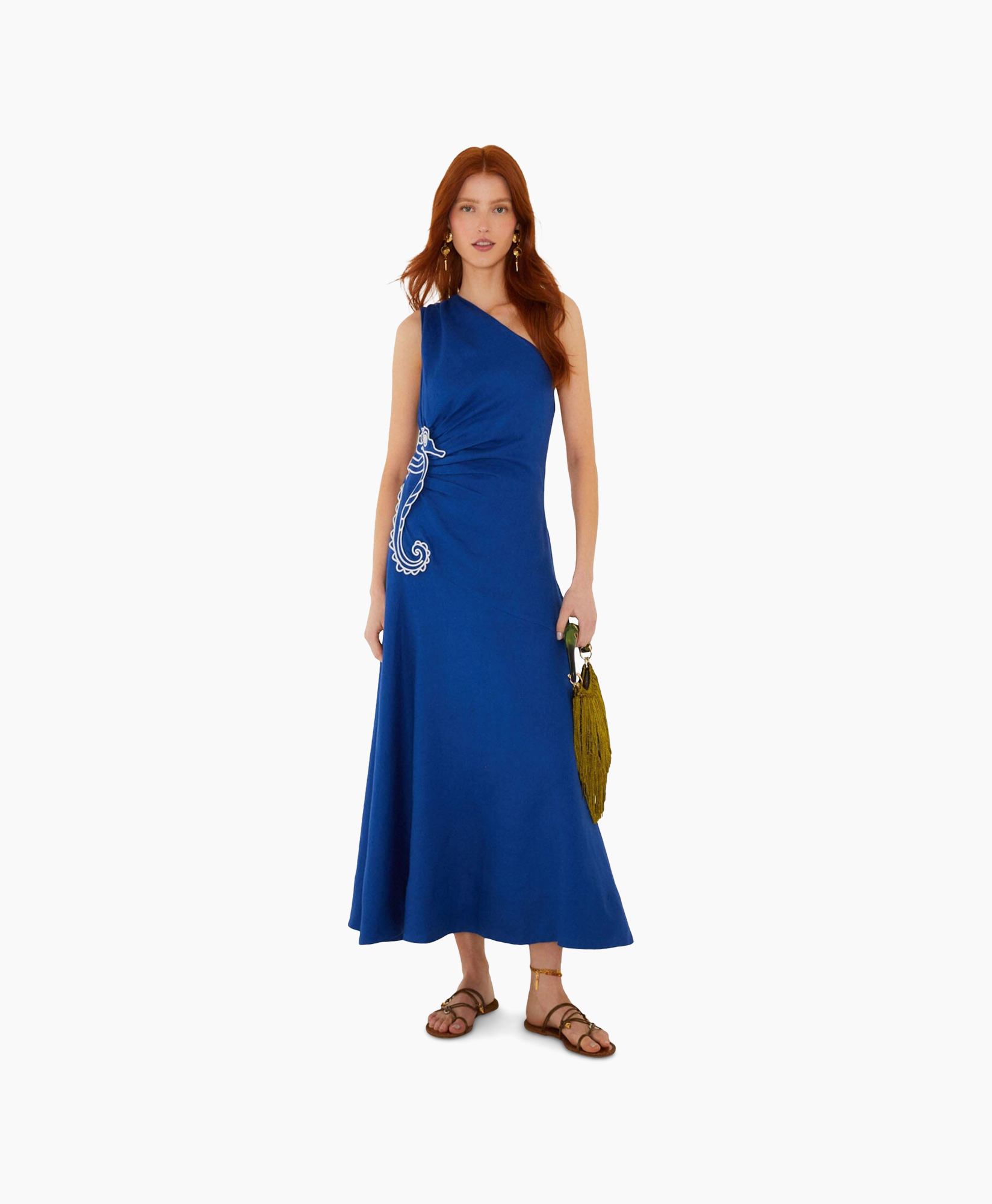 dress, one-shoulder, blue, maxi, embroidered