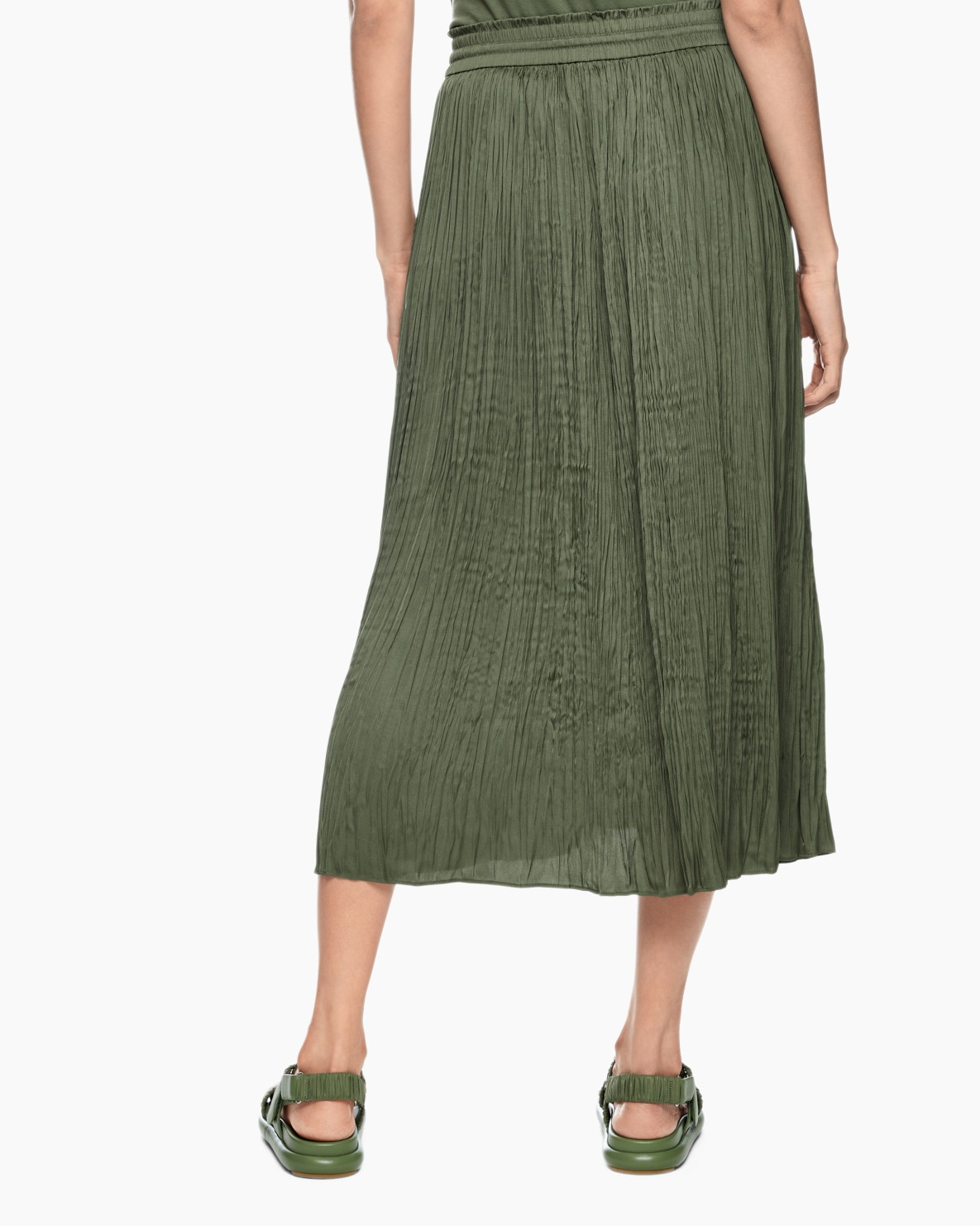 skirt, pleated, mid-length, olive, drawstring