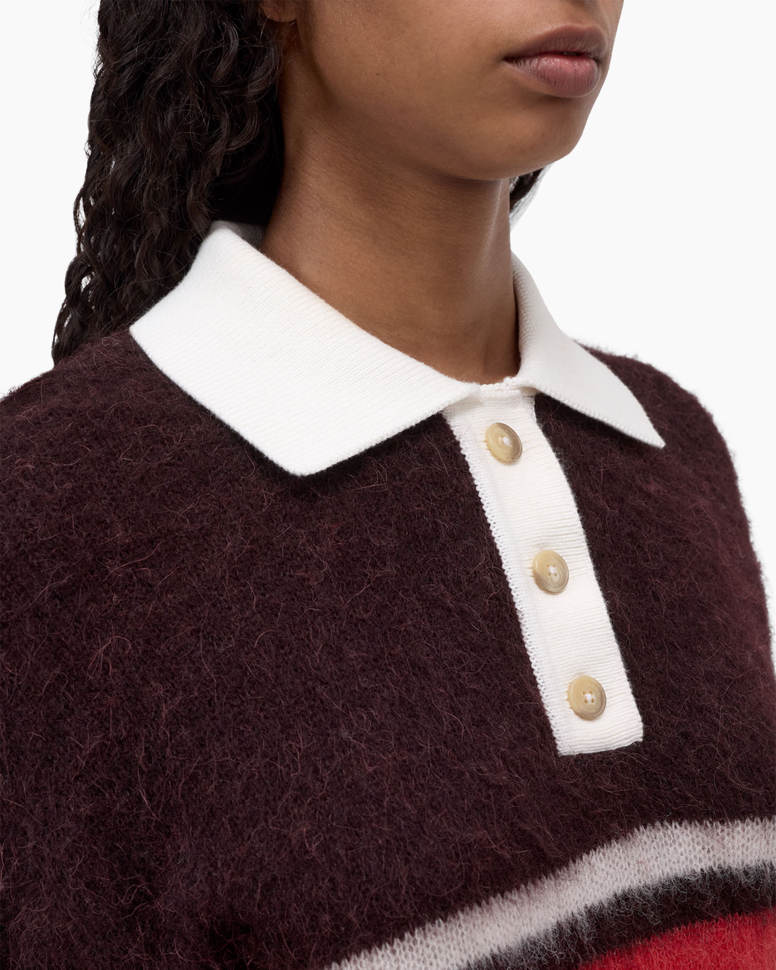 collared sweater, knitted, brown, white collar, button placket