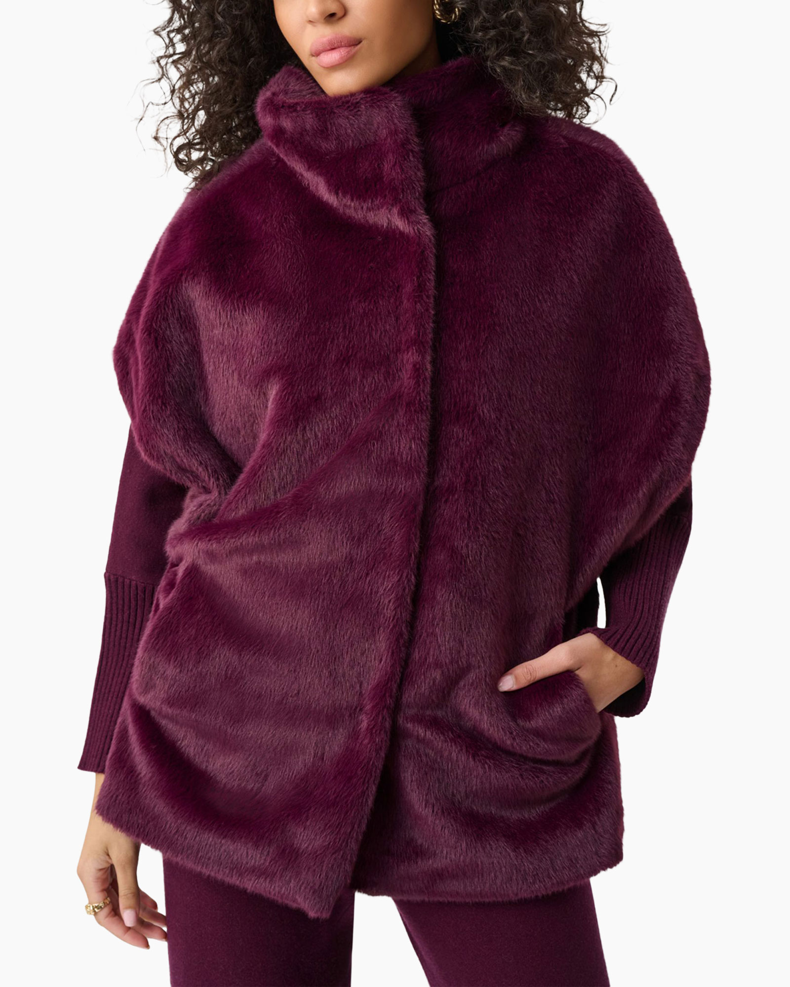 faux fur, burgundy, cape coat, high collar, plush texture