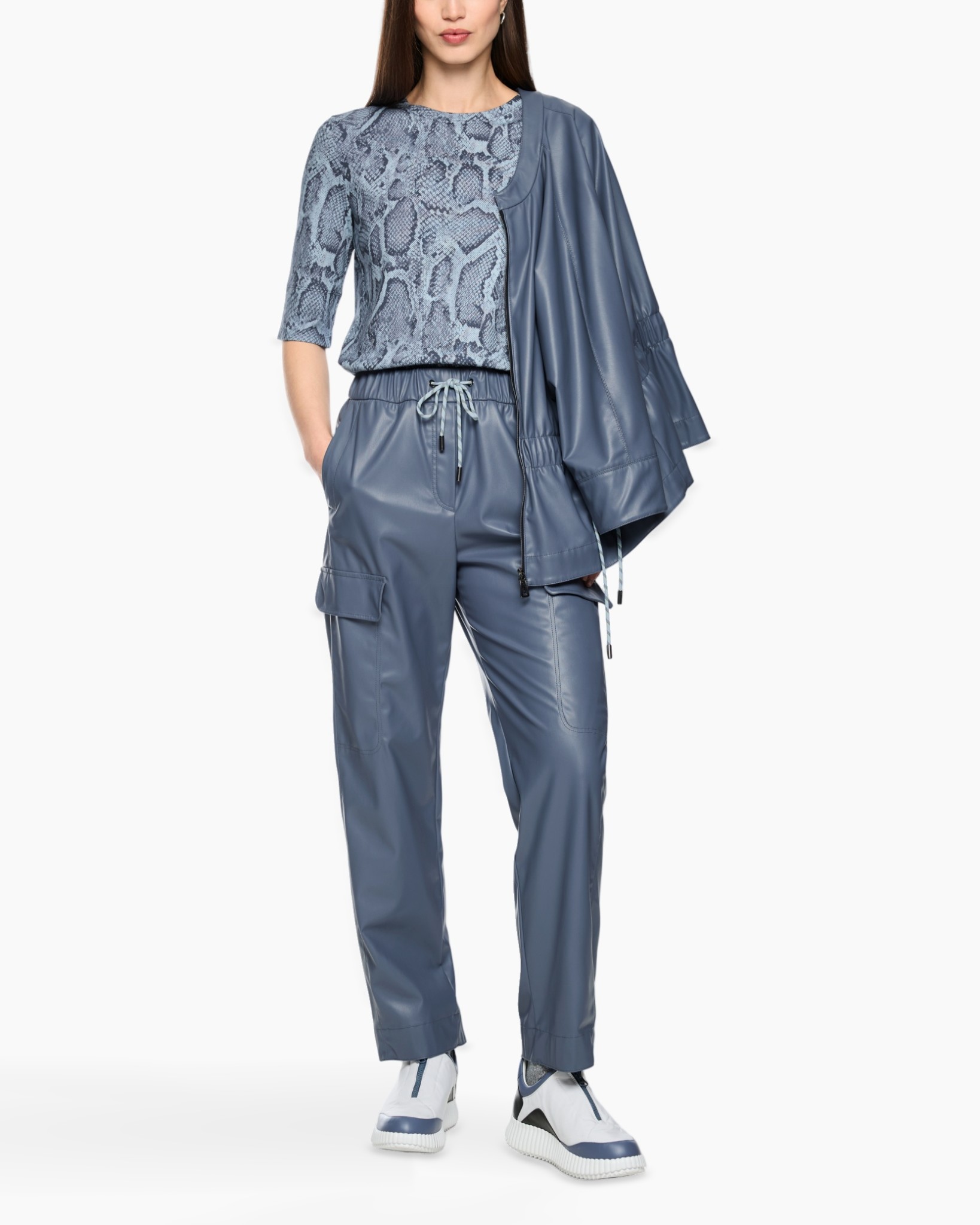 synthetic leather, snake print, top and pants set, jogger pants, light blue