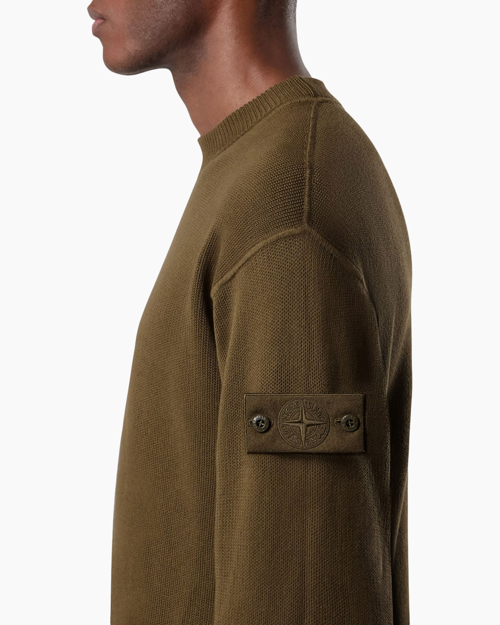 knit, crewneck, olive, long-sleeve, patch