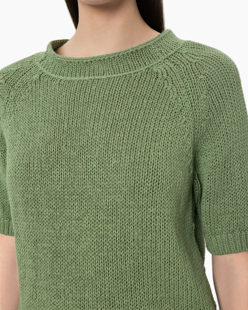 knit, sweater, green, short sleeve, crew neck